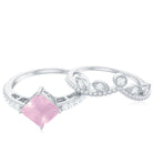 Princess Cut Rose Quartz Vintage Inspired Ring Set with Diamond Rose Quartz - ( AAA ) - Quality - Rosec Jewels