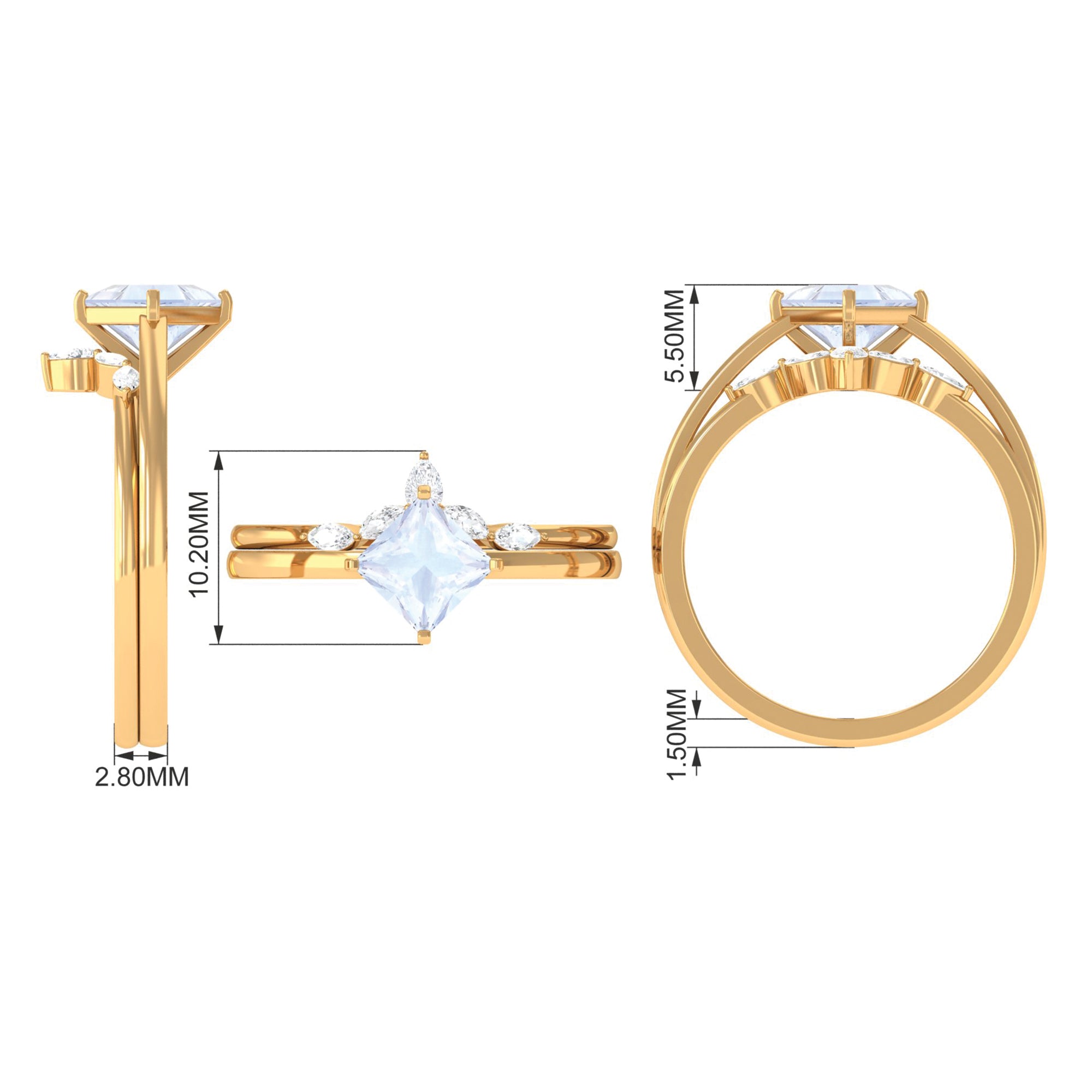 Princess Cut Moonstone and Diamond Solitaire Ring Set Moonstone - ( AAA ) - Quality - Rosec Jewels