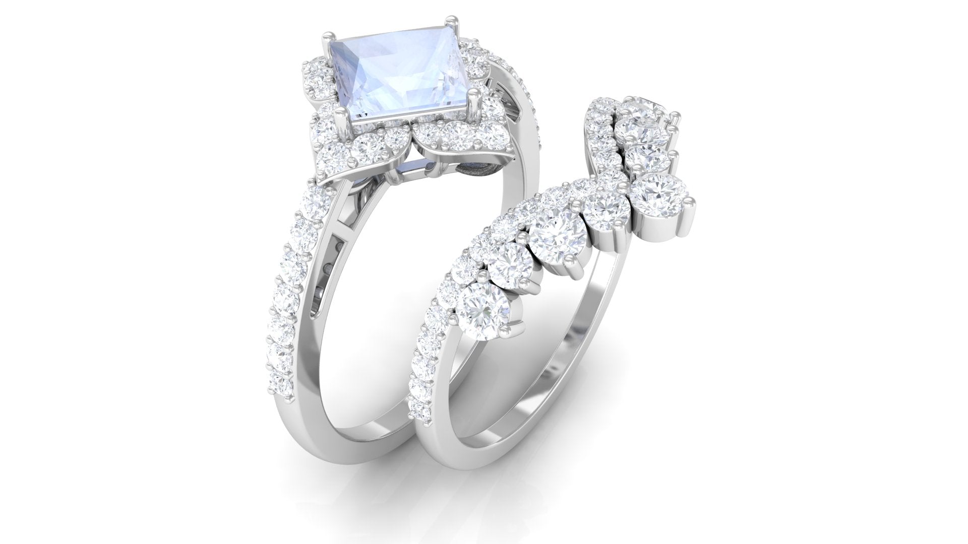 Moonstone and Moissanite Statement Wedding Ring Set Moonstone - ( AAA ) - Quality - Rosec Jewels