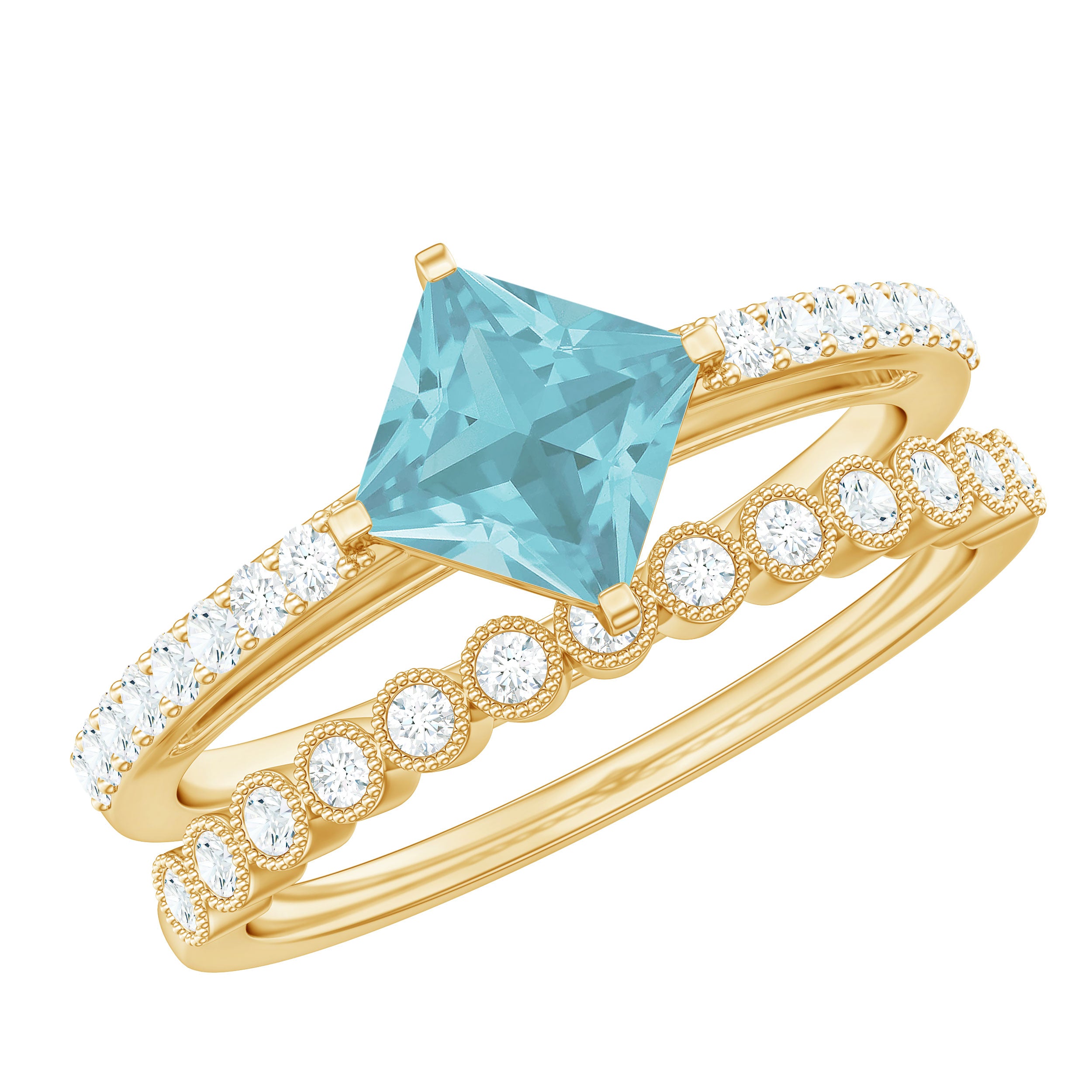 Solitaire Sky Blue Topaz and Diamond Beaded Ring Set Sky Blue Topaz - ( AAA ) - Quality - Rosec Jewels