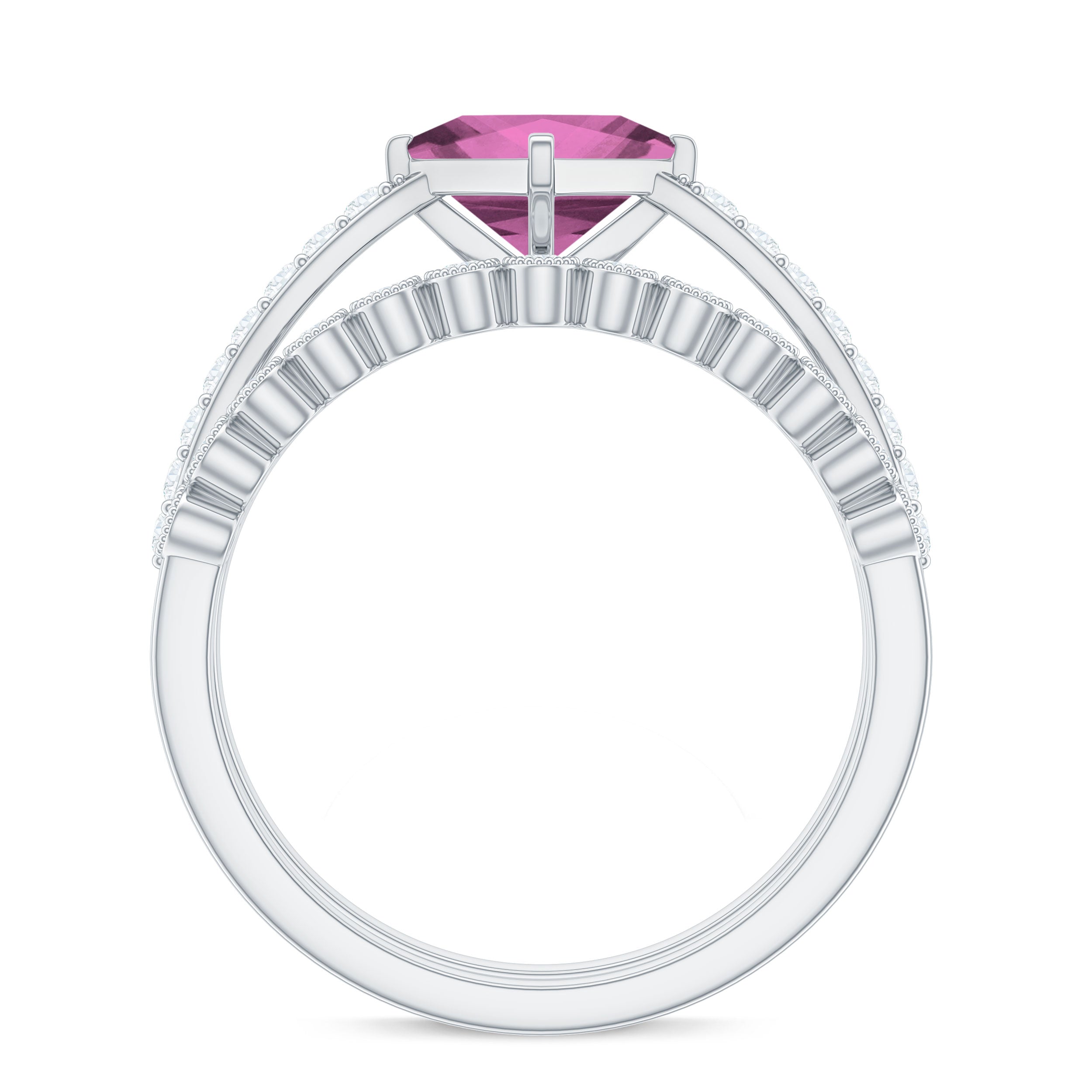 Princess Cut Pink Tourmaline Wedding Ring Set with Moissanite Pink Tourmaline - ( AAA ) - Quality - Rosec Jewels