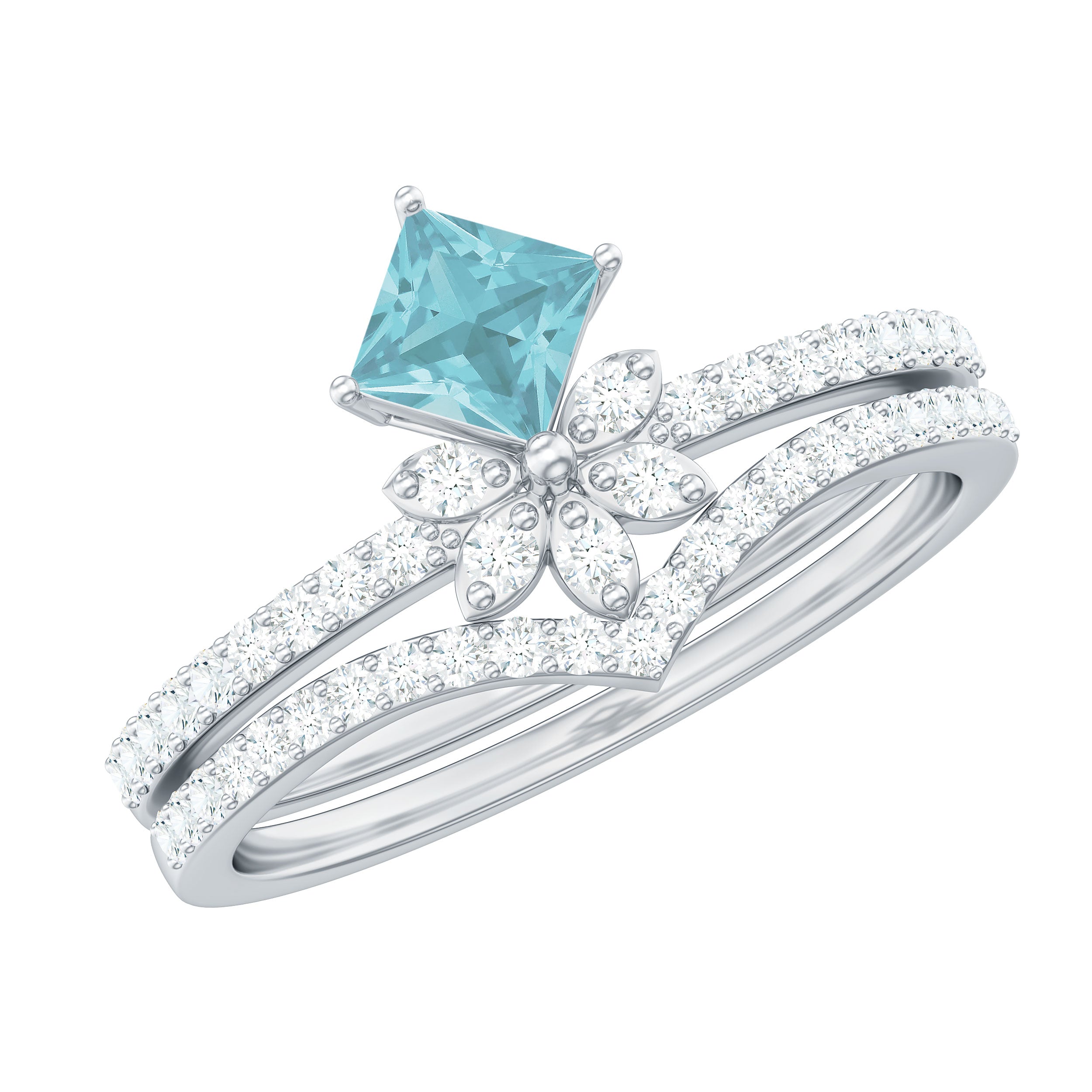 1.75 CT Princess Cut Sky Blue Topaz and Diamond Flower Ring Set Sky Blue Topaz - ( AAA ) - Quality - Rosec Jewels