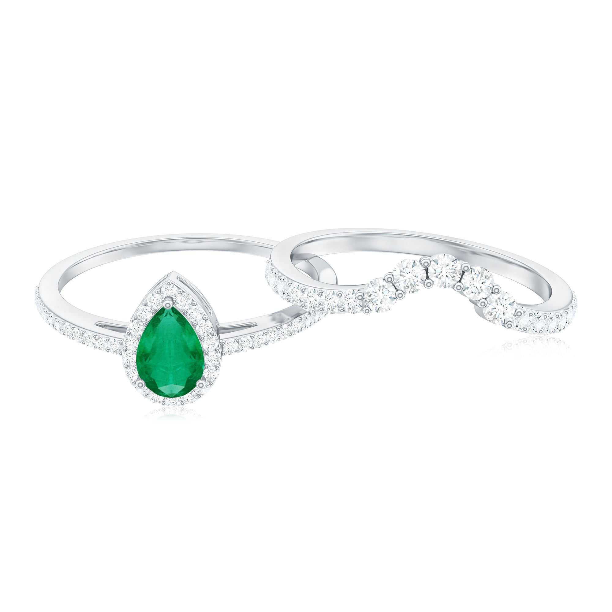 Emerald Designer Teardrop Ring Set with Diamond Halo Emerald - ( AAA ) - Quality - Rosec Jewels