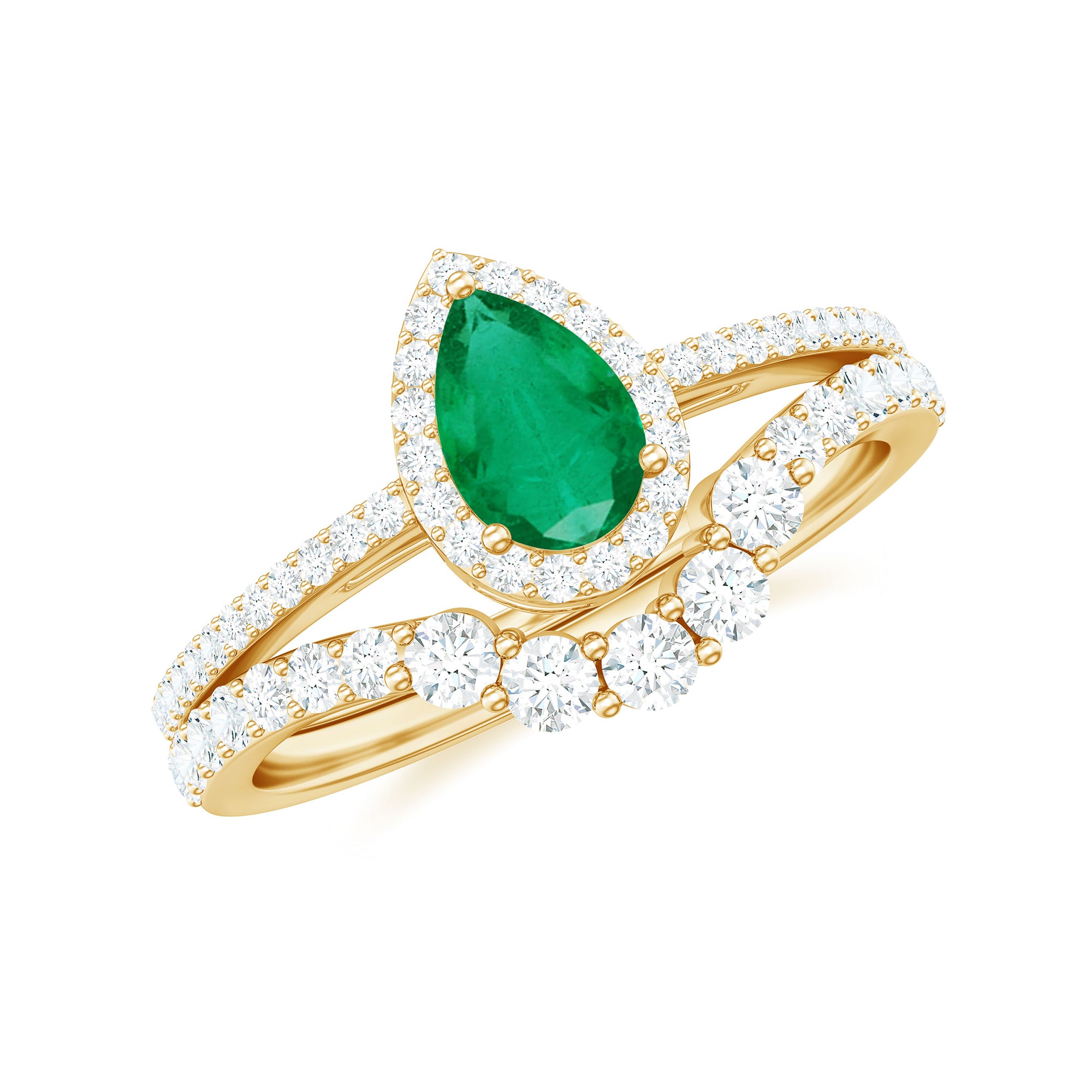 Emerald Designer Teardrop Ring Set with Diamond Halo Emerald - ( AAA ) - Quality - Rosec Jewels