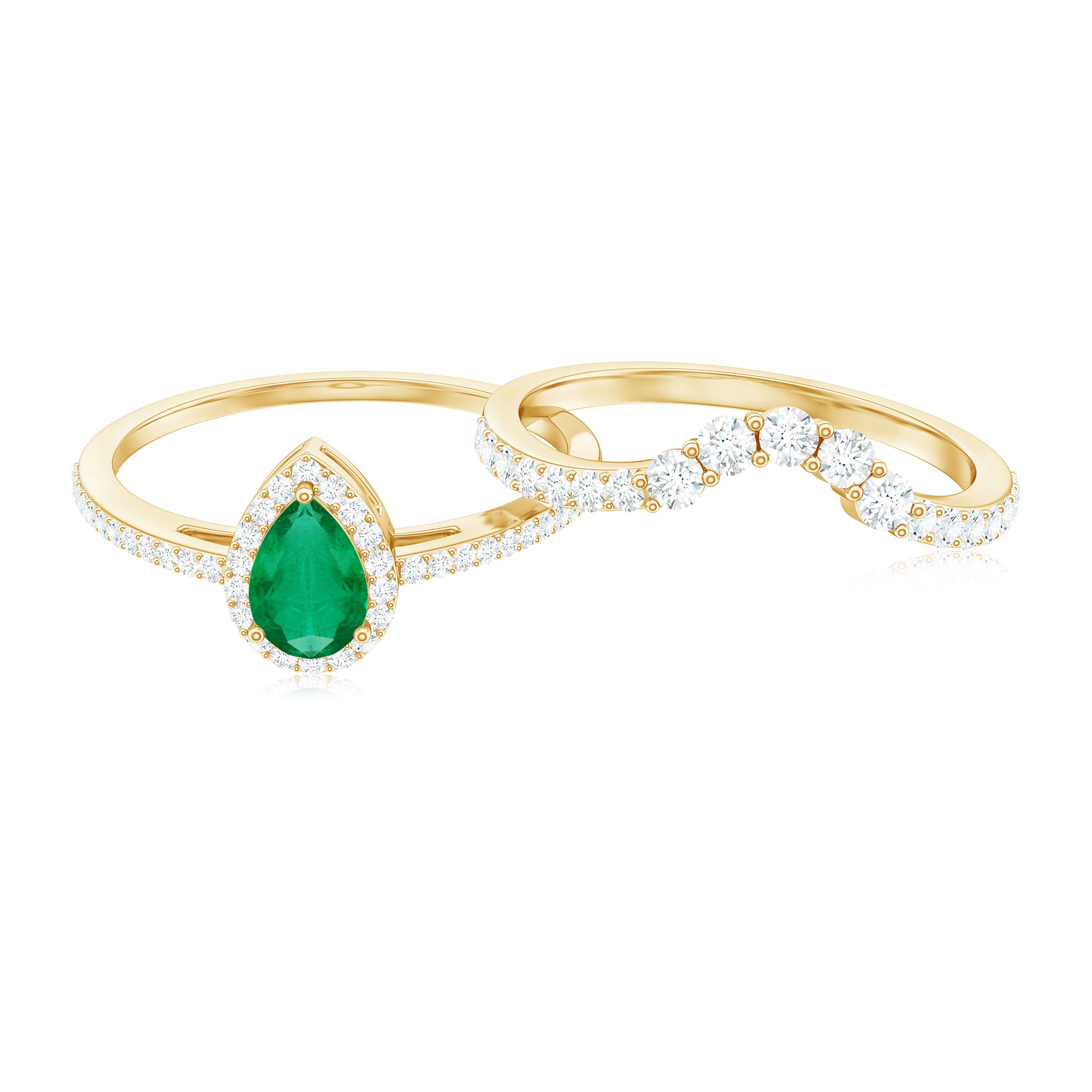 Emerald Designer Teardrop Ring Set with Diamond Halo Emerald - ( AAA ) - Quality - Rosec Jewels