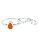 Fire Opal Designer Teardrop Ring Set with Moissanite Halo Fire Opal - ( AAA ) - Quality - Rosec Jewels