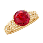 Round Created Ruby Floral Engagement Ring with Diamond Lab Created Ruby - ( AAAA ) - Quality - Rosec Jewels