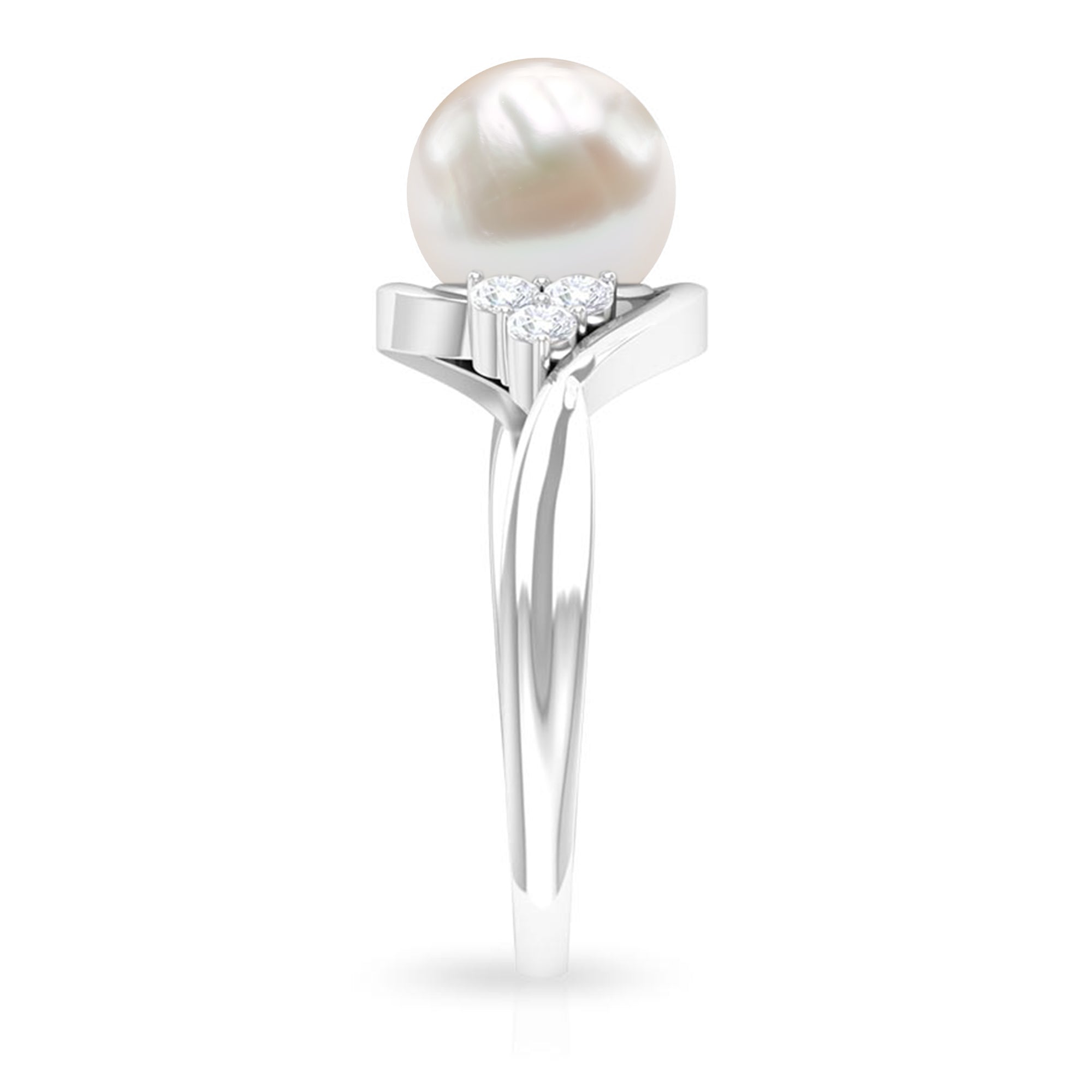 Pure Freshwater Pearl Bypass Engagement Ring with Diamond Trio Freshwater Pearl - ( AAA ) - Quality - Rosec Jewels