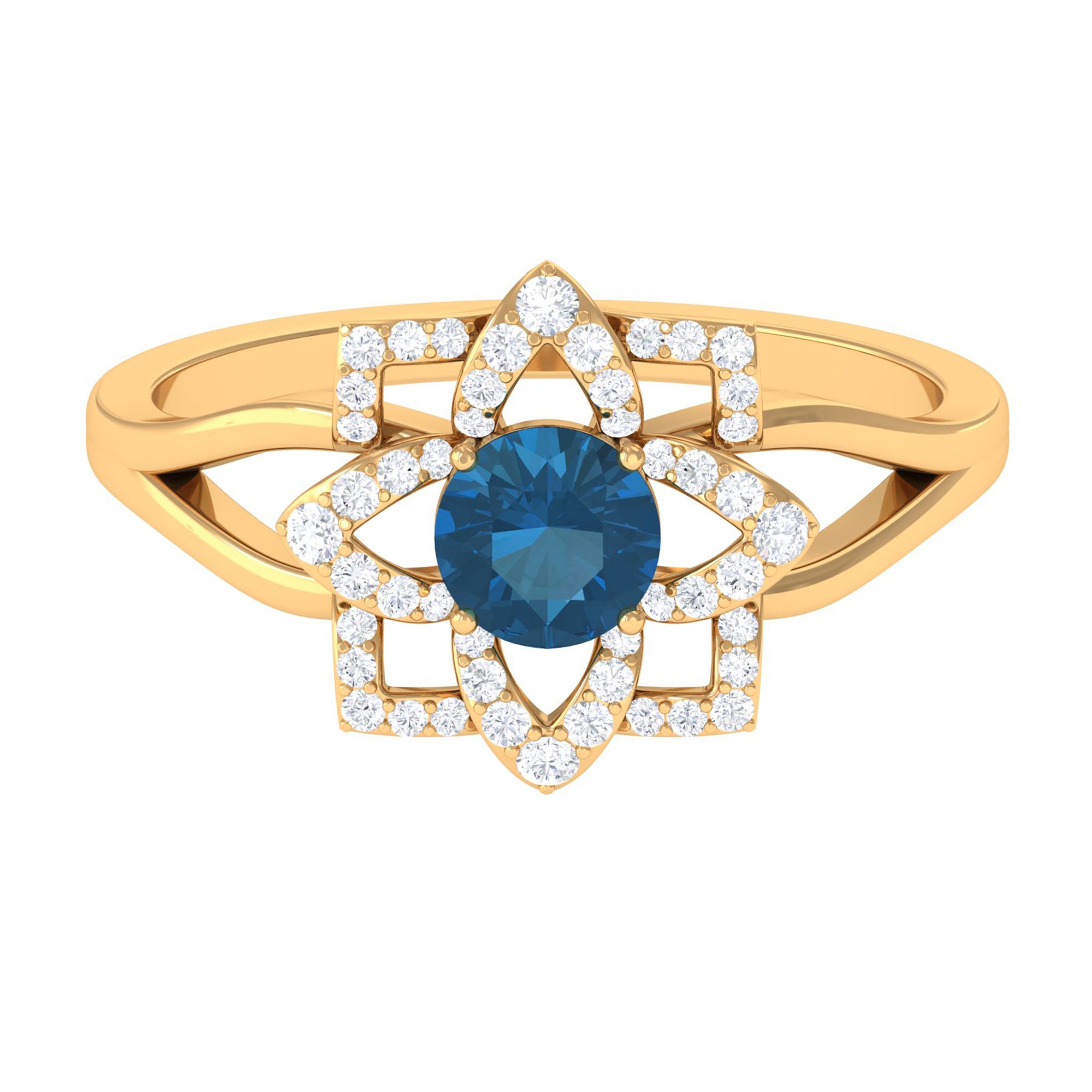 London Blue Topaz and Diamond Flower Engagement Ring London Blue Topaz - ( AAA ) - Quality - Rosec Jewels