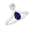 Blue Sapphire and Ethiopian Opal Two Stone Engagement Ring with Moissanite Blue Sapphire - ( AAA ) - Quality - Rosec Jewels