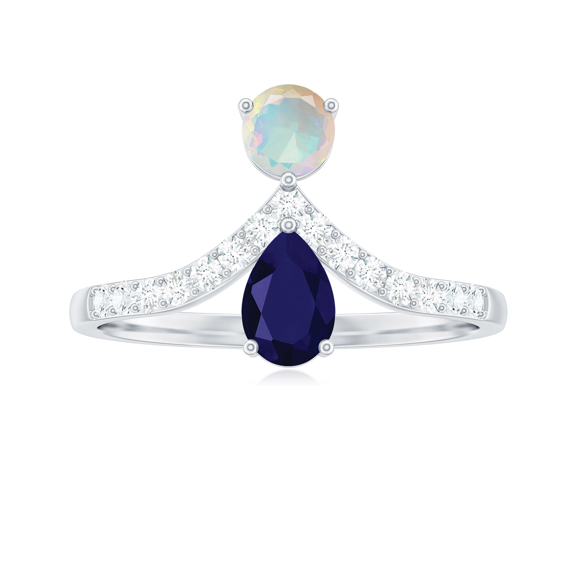 Blue Sapphire and Ethiopian Opal Two Stone Engagement Ring with Moissanite Blue Sapphire - ( AAA ) - Quality - Rosec Jewels