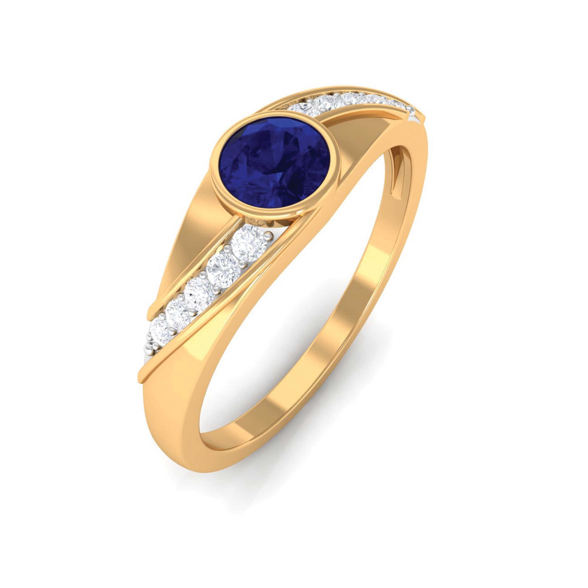 3/4 CT Bezel Set Blue Sapphire Classic Engagement Ring with Diamond Blue Sapphire - ( AAA ) - Quality - Rosec Jewels