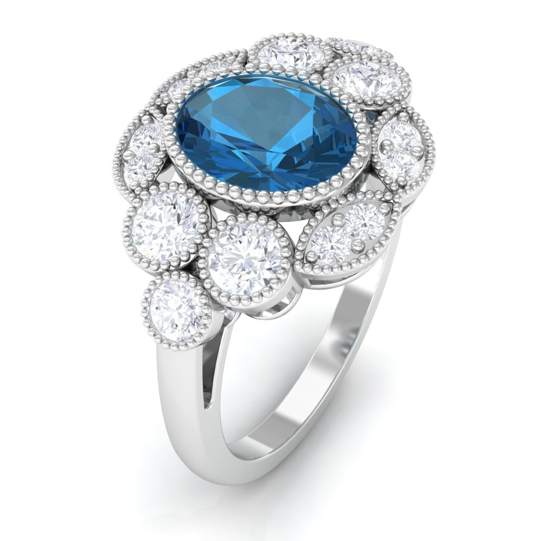 2 CT Oval London Blue Topaz Statement Ring with Diamond Halo London Blue Topaz - ( AAA ) - Quality - Rosec Jewels