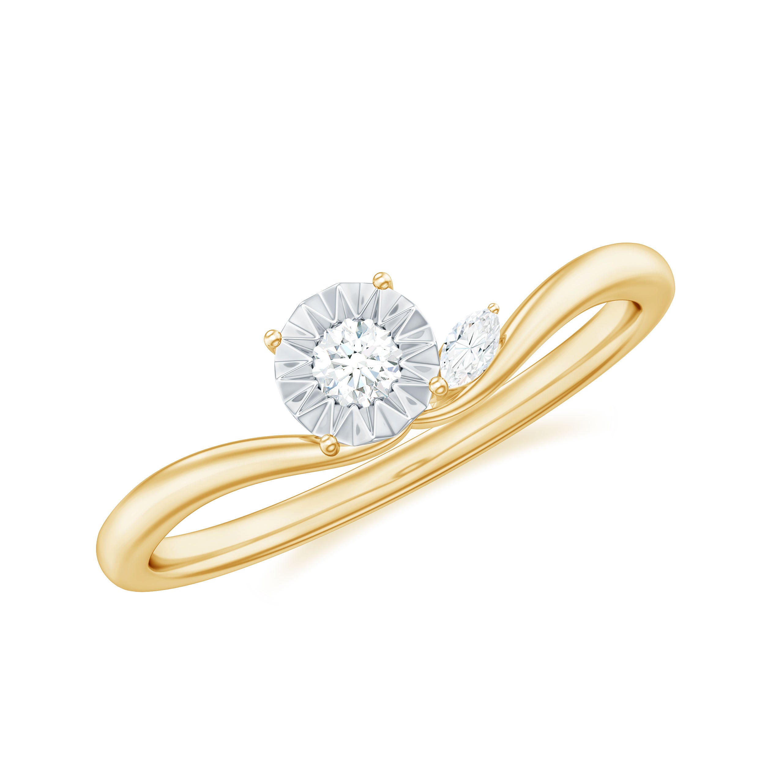 Marquise and Round Diamond Curved Promise Ring in Gold Diamond - ( HI-SI ) - Color and Clarity - Rosec Jewels