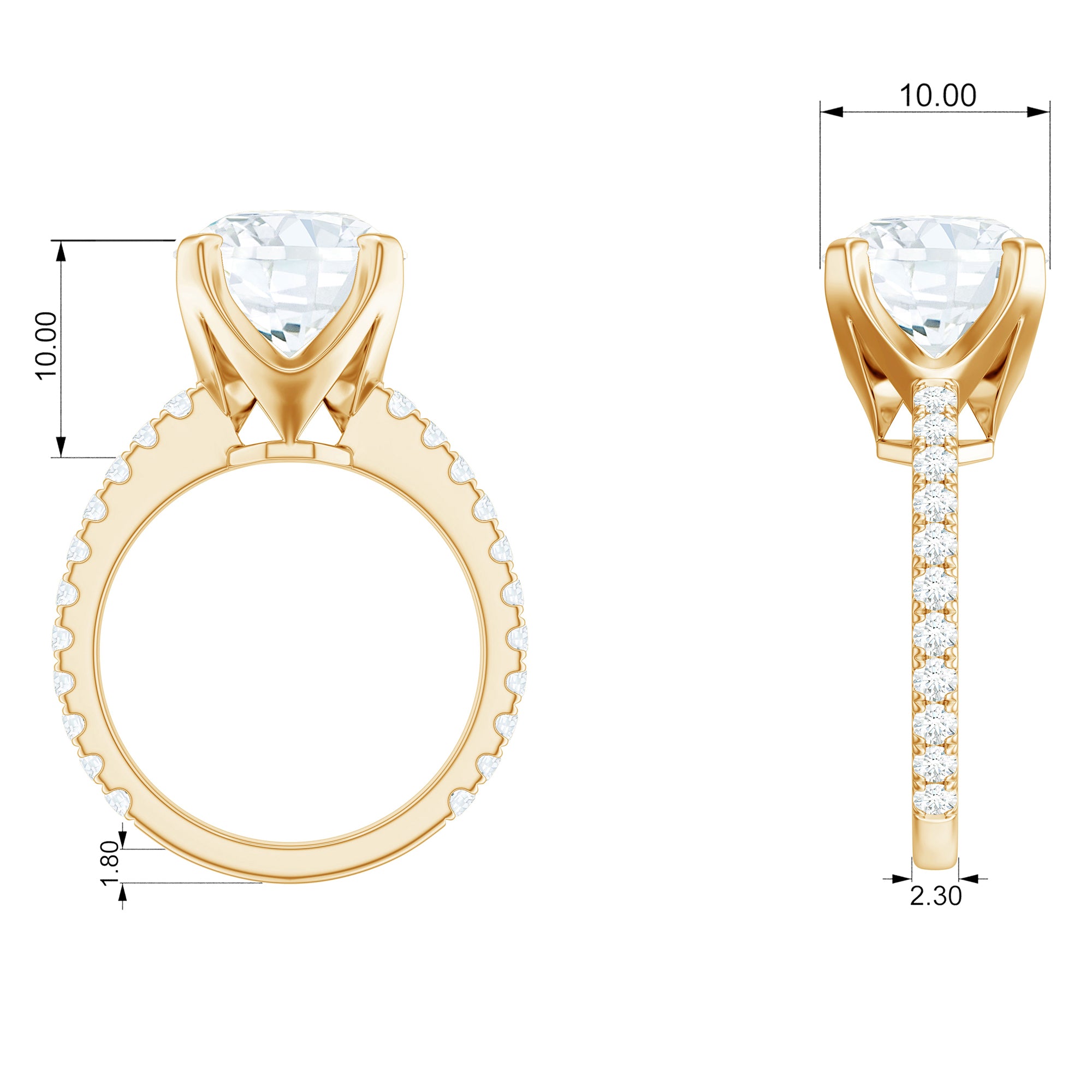 10 MM Round Moissanite Solitaire Engagement Ring with Side Stones Moissanite - ( D-VS1 ) - Color and Clarity - Rosec Jewels