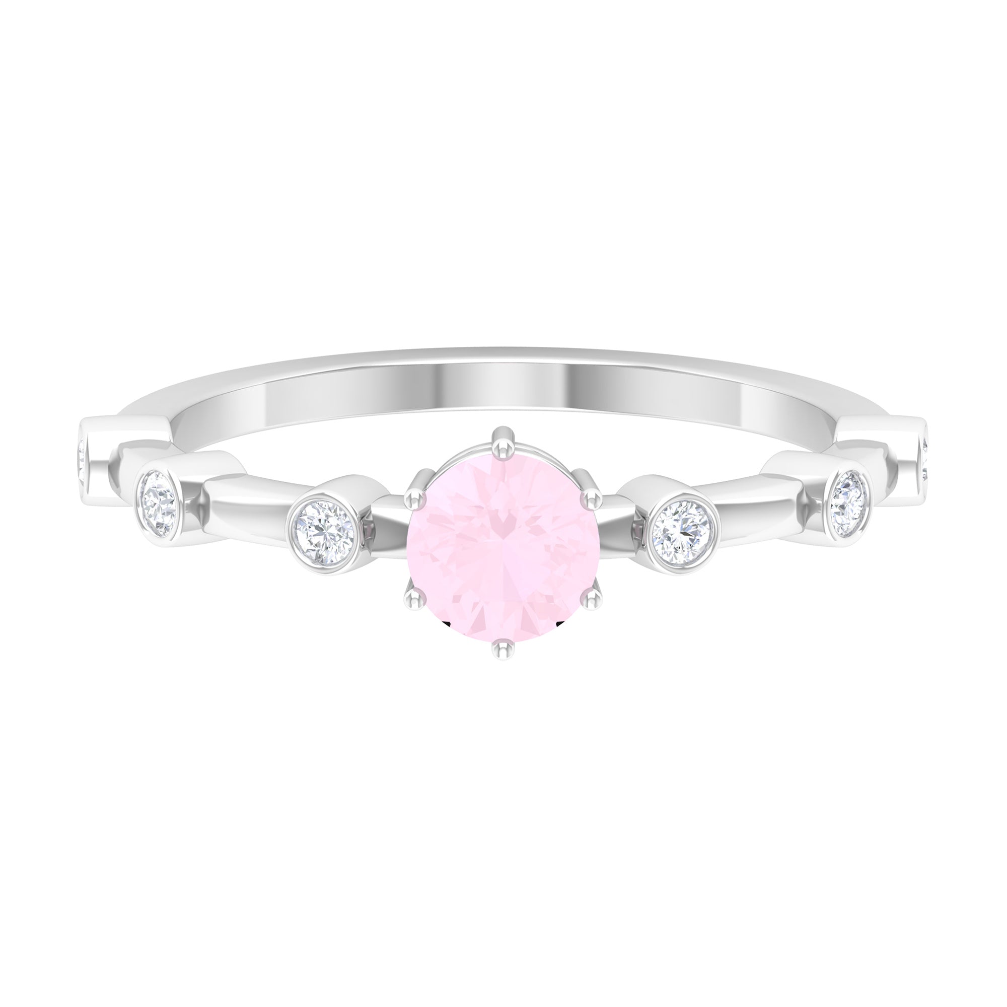 6 Prong Set Solitaire Rose Quartz Ring with Spaced Diamond Rose Quartz - ( AAA ) - Quality - Rosec Jewels