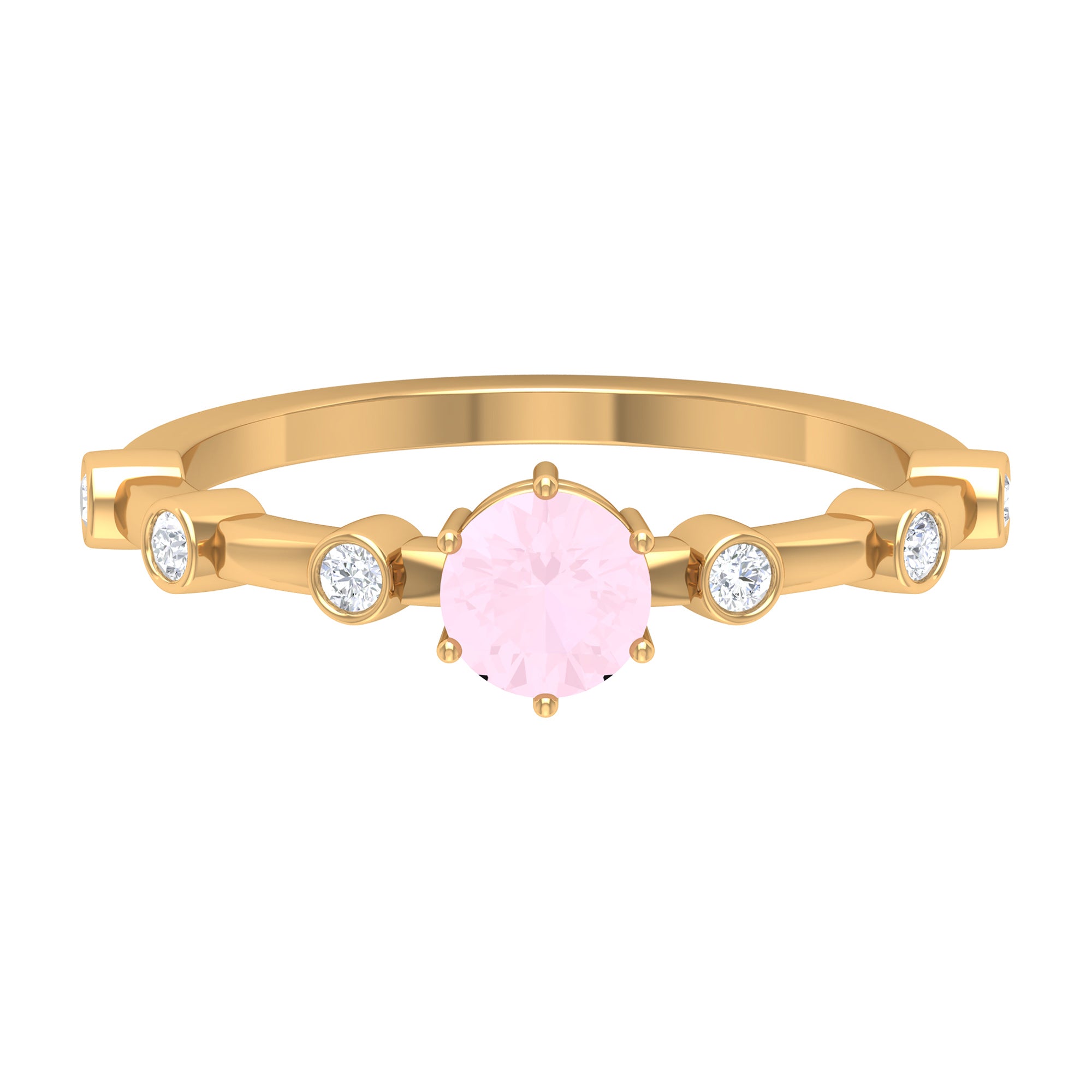 6 Prong Set Solitaire Rose Quartz Ring with Spaced Diamond Rose Quartz - ( AAA ) - Quality - Rosec Jewels