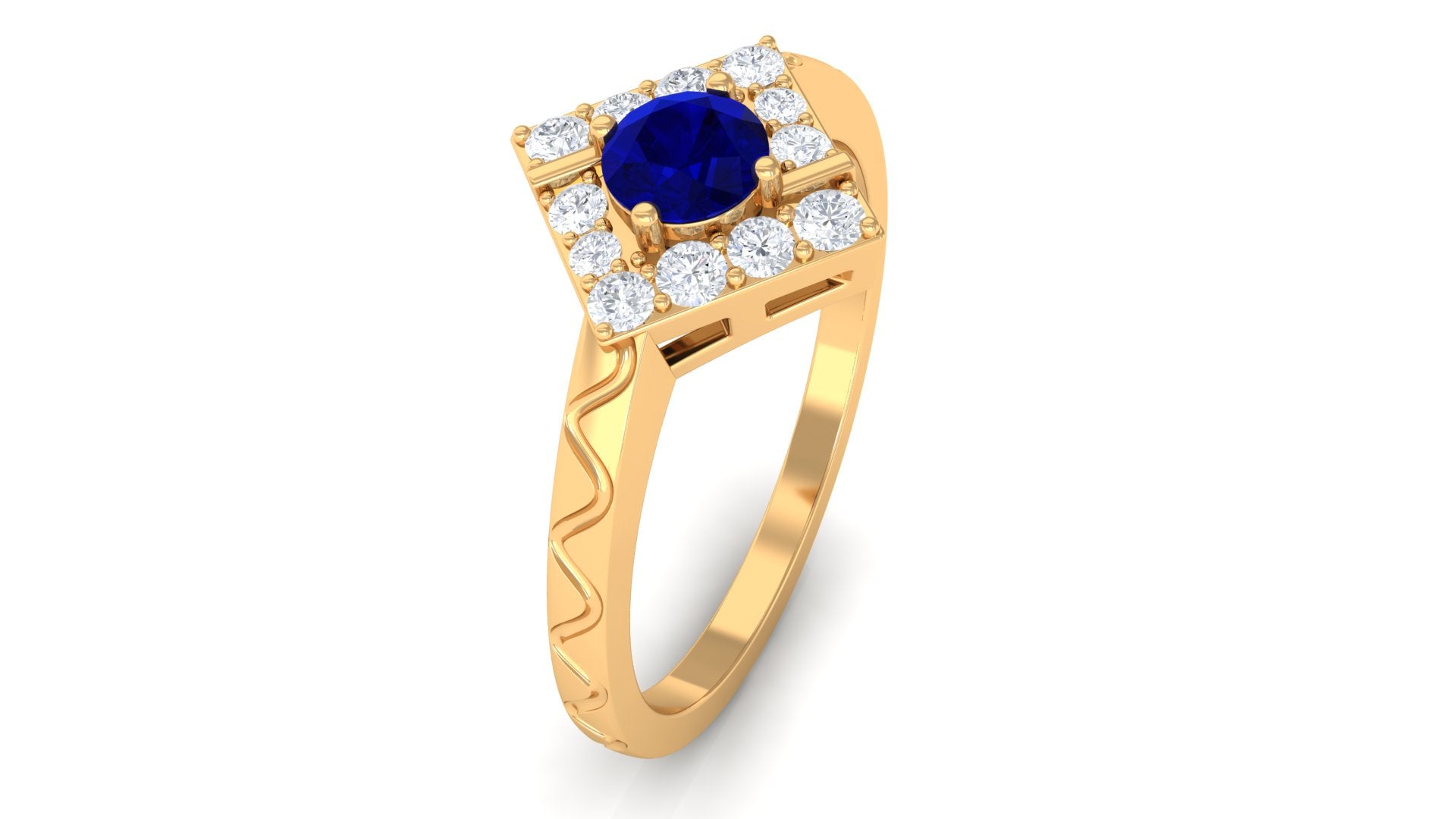 3/4 CT Minimal Blue Sapphire and Diamond Ring with Textured Details Blue Sapphire - ( AAA ) - Quality - Rosec Jewels