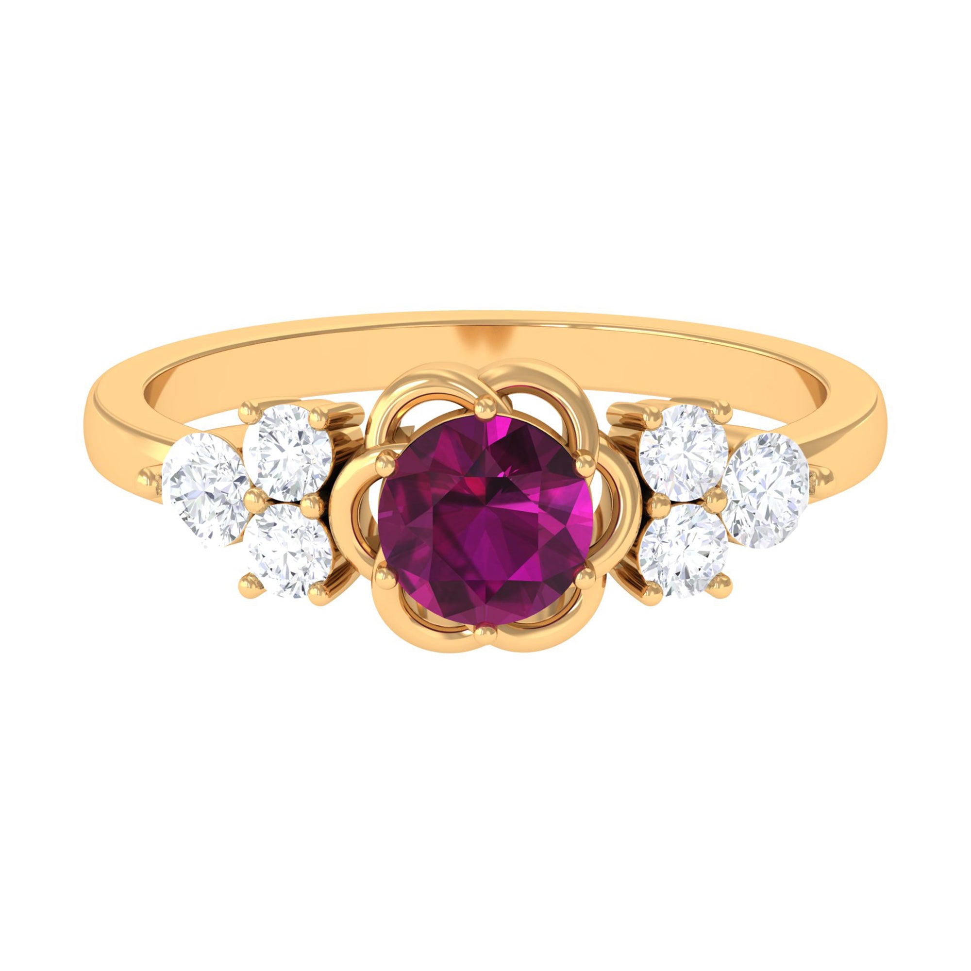 1.50 CT Natural Rhodolite Flower Ring with Diamond Trio Rhodolite - ( AAA ) - Quality - Rosec Jewels