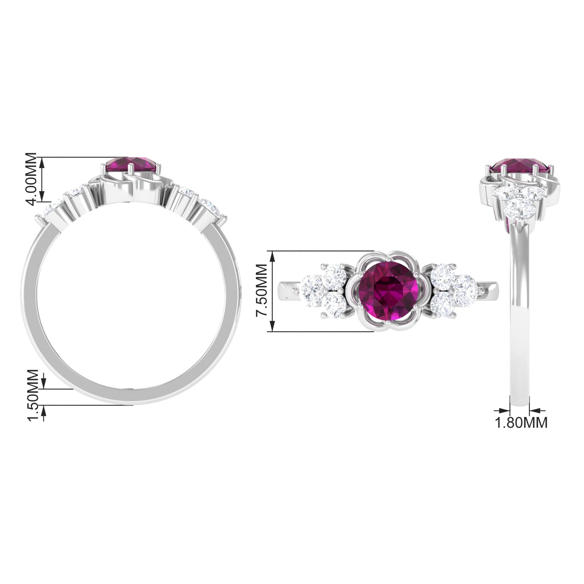 1.50 CT Natural Rhodolite Flower Ring with Diamond Trio Rhodolite - ( AAA ) - Quality - Rosec Jewels