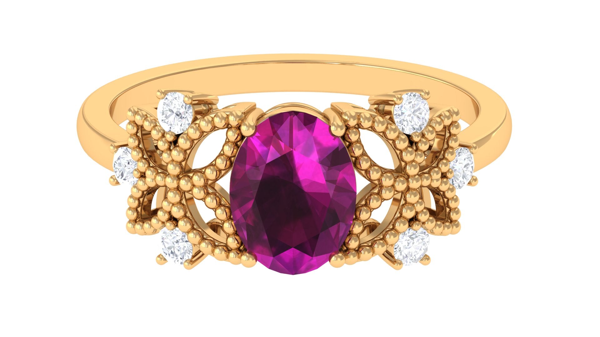 1.75 CT Oval Cut Rhodolite Solitaire Floral Ring with Diamond Rhodolite - ( AAA ) - Quality - Rosec Jewels