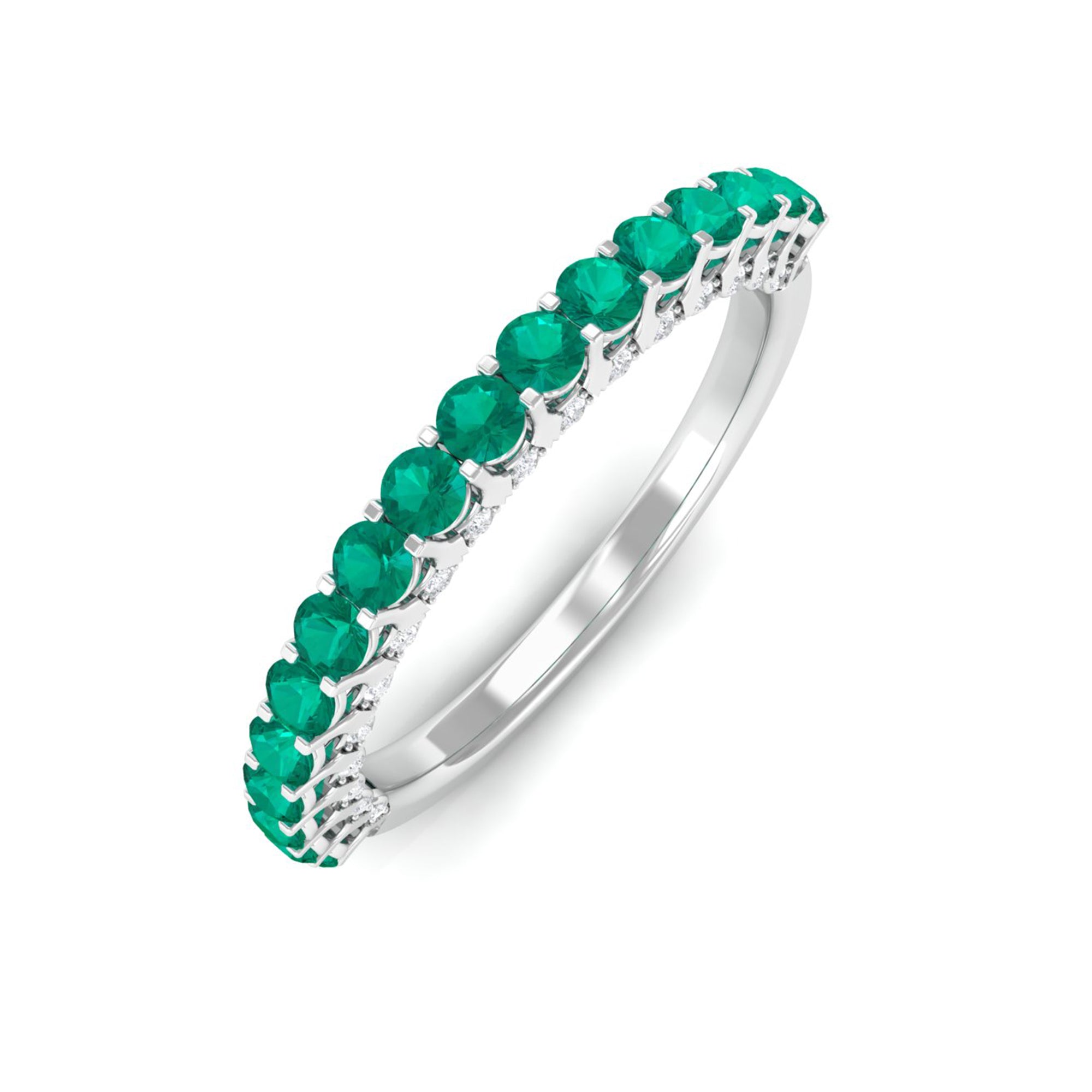 1 CT Round Shape Emerald Semi Eternity Ring with Diamond Accent Emerald - ( AAA ) - Quality - Rosec Jewels