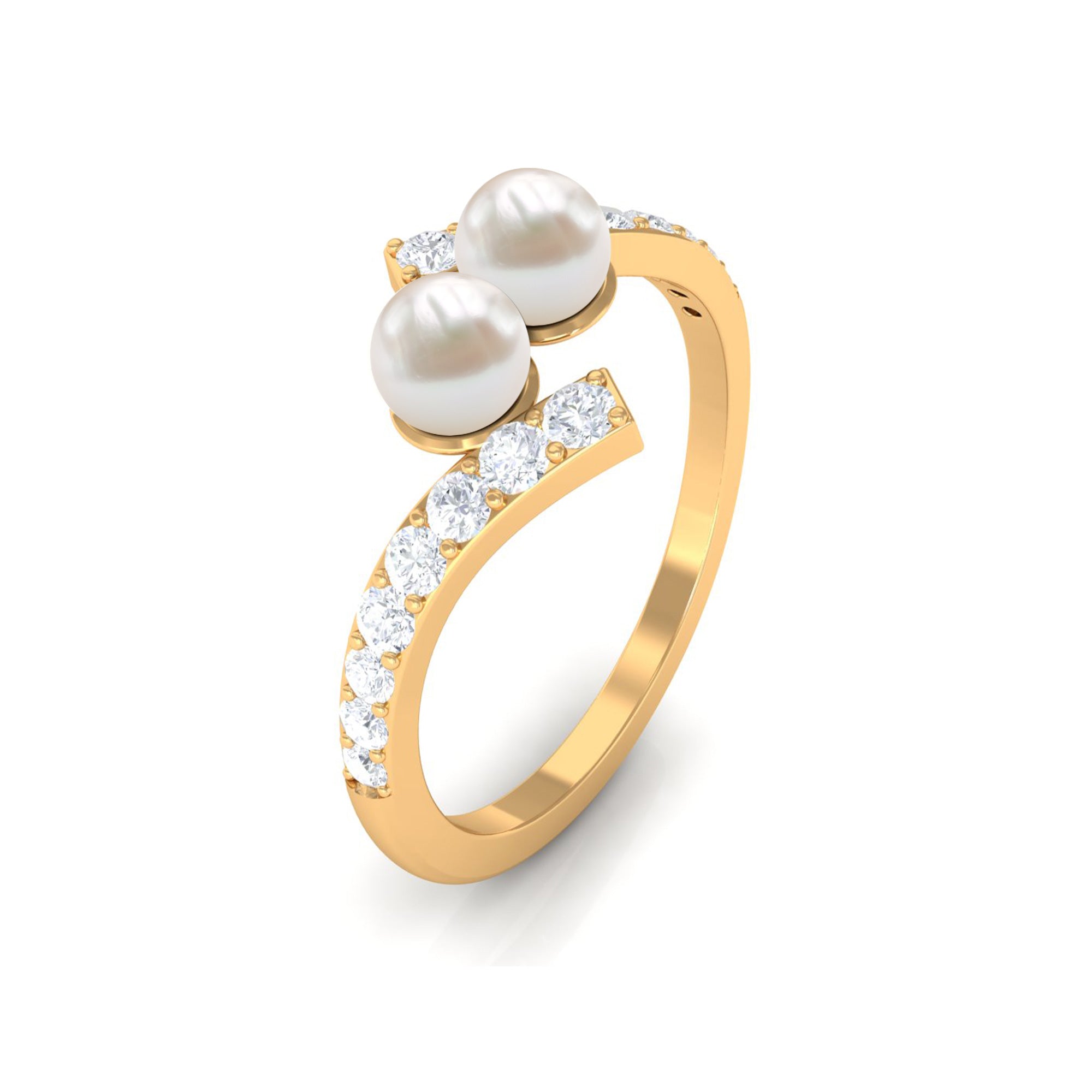 Toi et Moi Freshwater Pearl Bypass Ring with Diamond Freshwater Pearl - ( AAA ) - Quality - Rosec Jewels