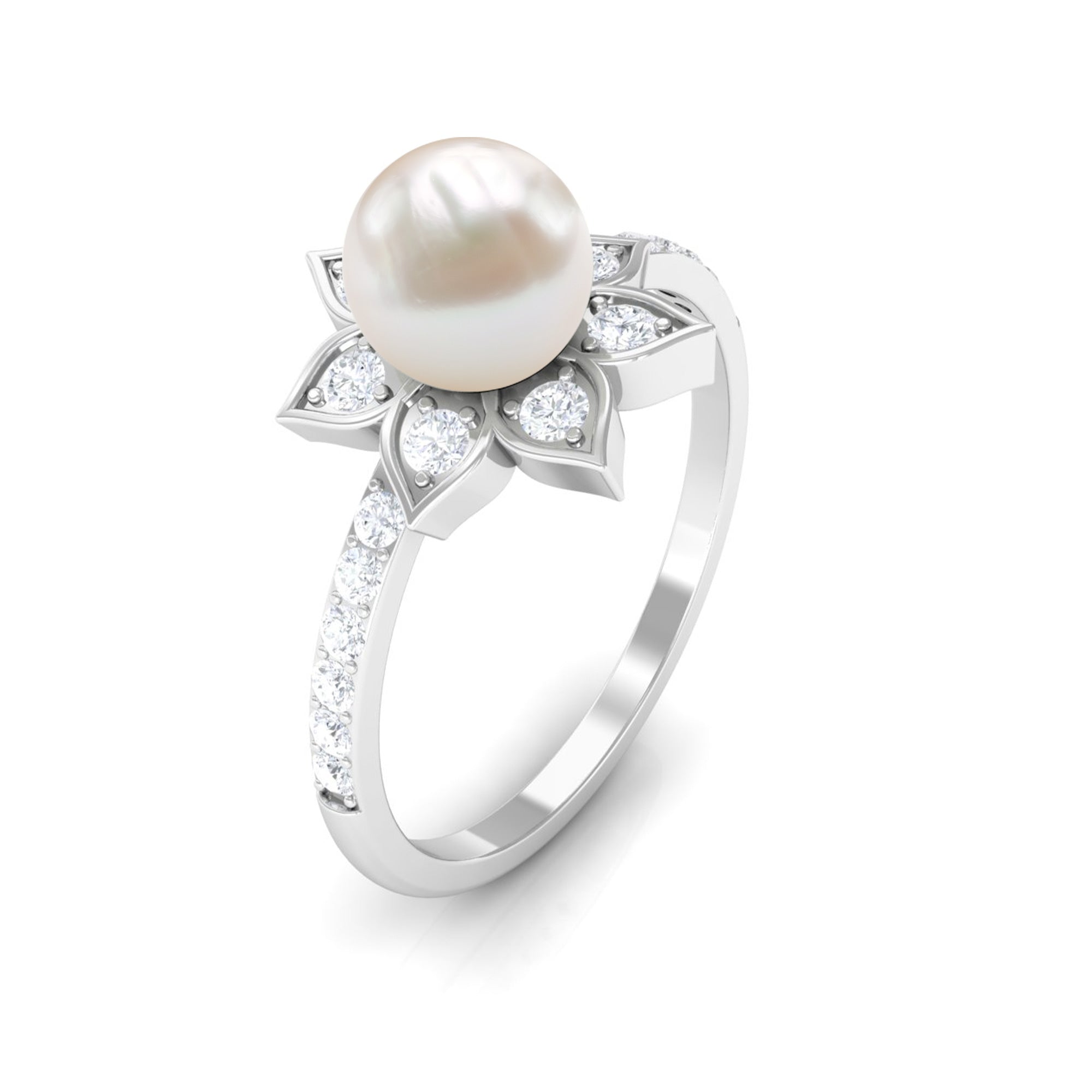 Freshwater Pearl Solitaire Floral Engagement Ring with Diamond Freshwater Pearl - ( AAA ) - Quality - Rosec Jewels