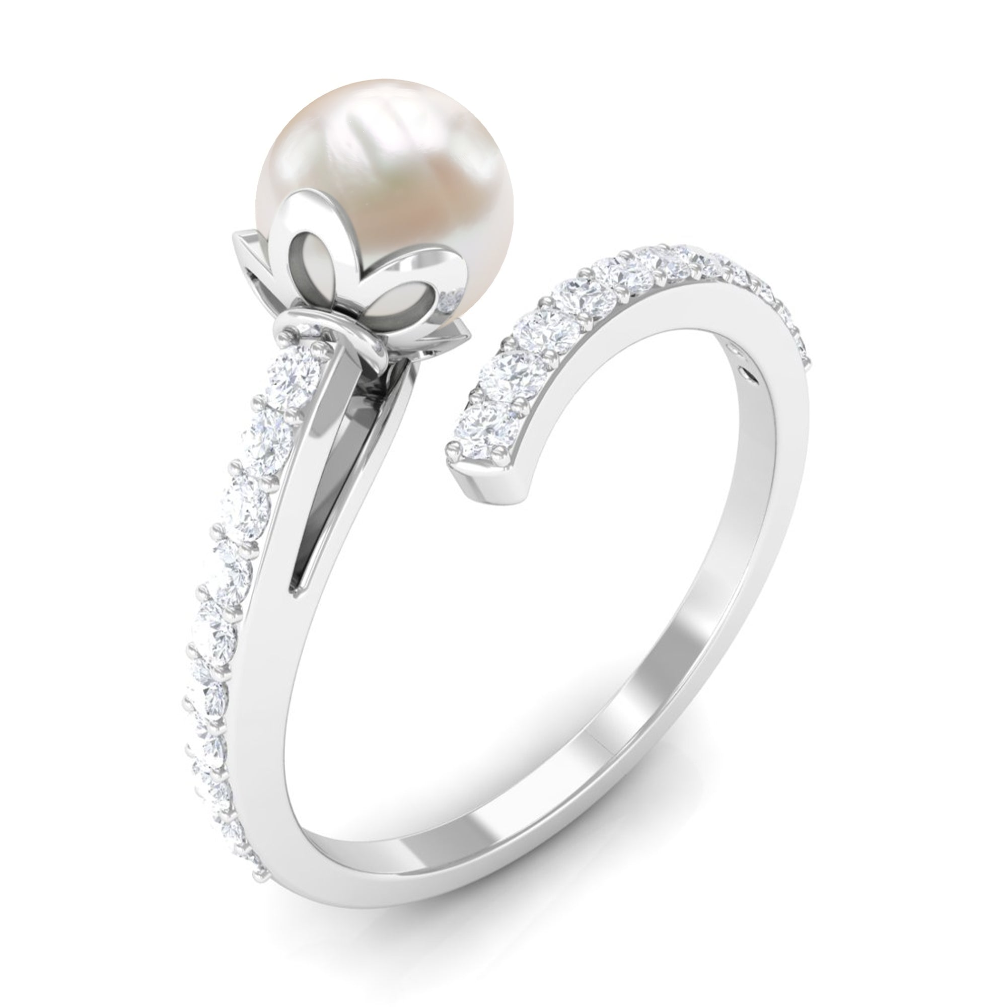 Bead Set Freshwater Pearl Minimal Wrap Ring with Diamond Freshwater Pearl - ( AAA ) - Quality - Rosec Jewels