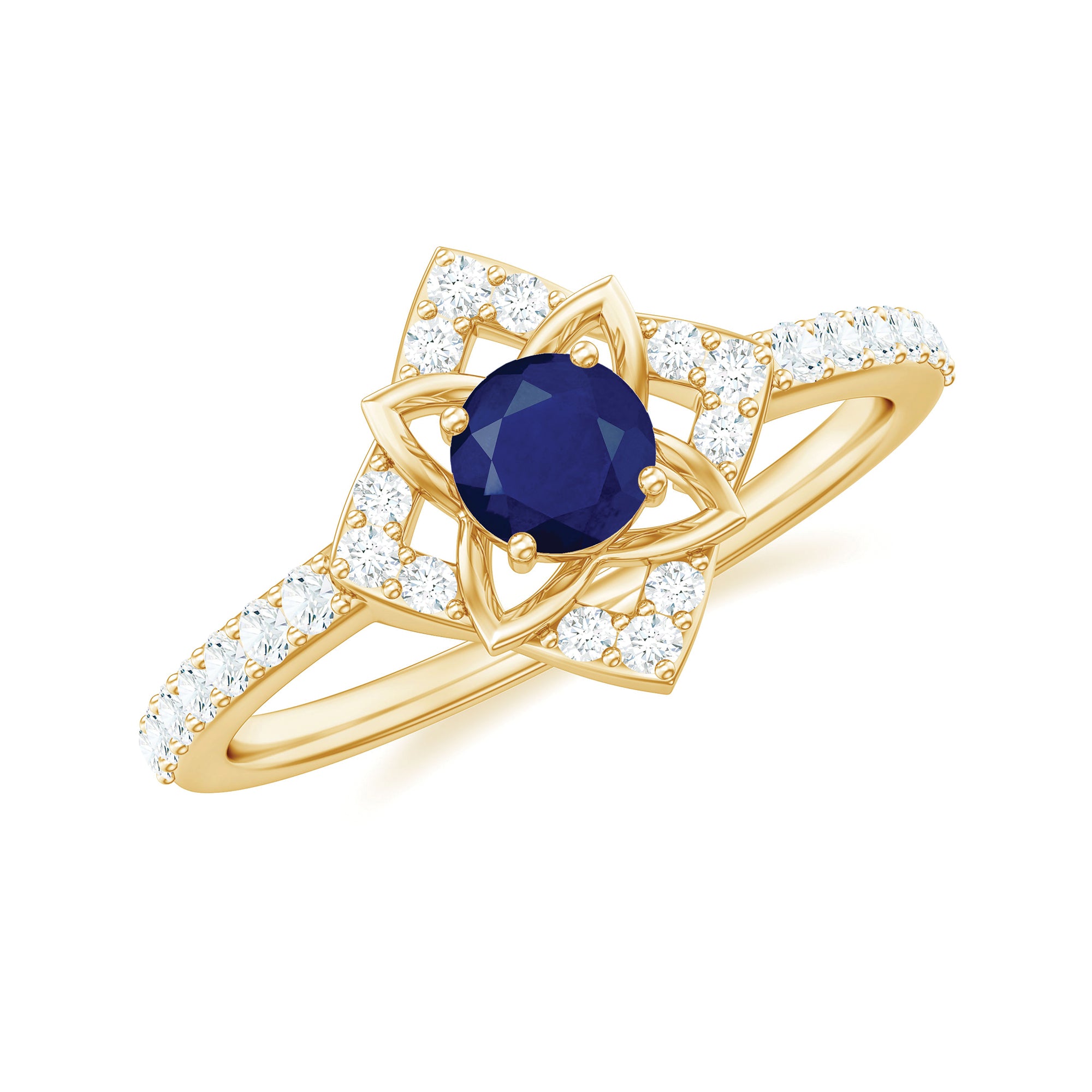 3/4 CT Minimal Blue Sapphire and Diamond Flower Ring Blue Sapphire - ( AAA ) - Quality - Rosec Jewels