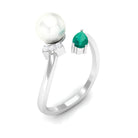 2.5 CT Freshwater Pearl Minimal Wrap Ring with Emerald and Moissanite Emerald - ( AAA ) - Quality - Rosec Jewels