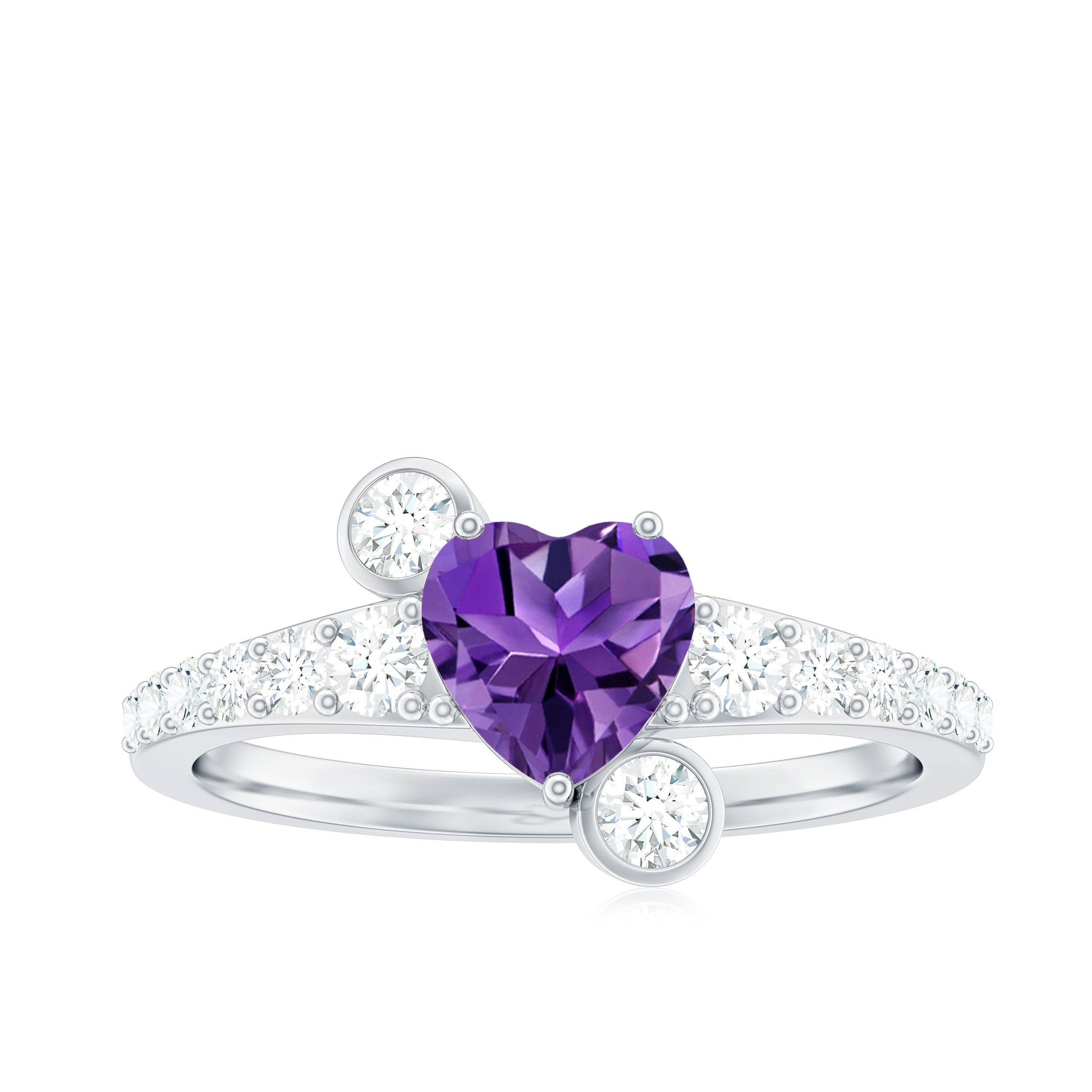 Amethyst Heart Engagement Ring with Diamond Side Stones Amethyst - ( AAA ) - Quality - Rosec Jewels