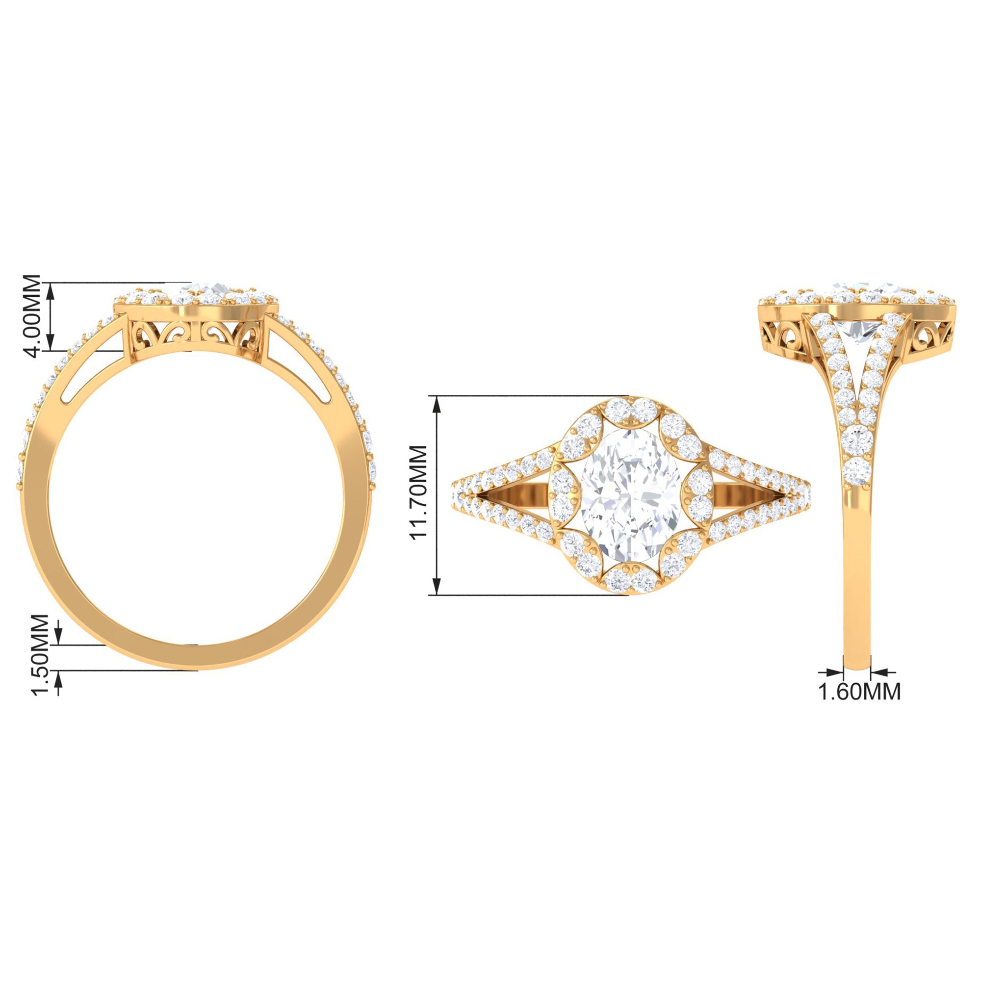 3 CT Split Shank Zircon Oval Engagement Ring in Gold Zircon - ( AAAA ) - Quality - Rosec Jewels