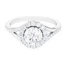 Round Zircon Halo Engagement Ring with Split Shank Zircon - ( AAAA ) - Quality - Rosec Jewels