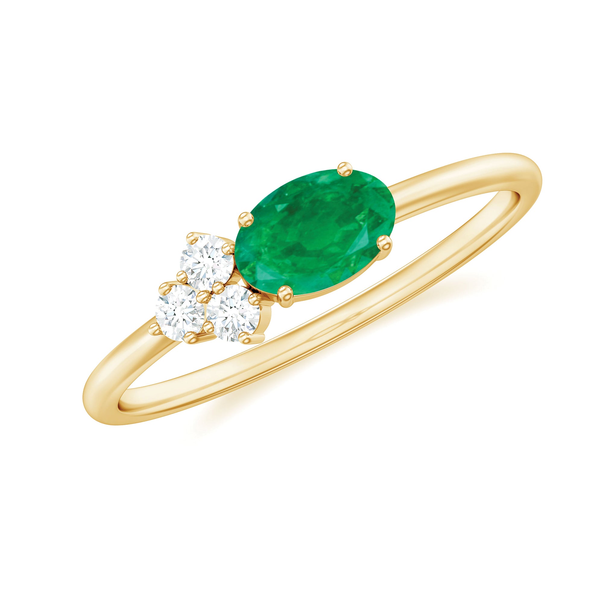 Oval Emerald Minimal East West Ring with Diamond Trio Emerald - ( AAA ) - Quality - Rosec Jewels