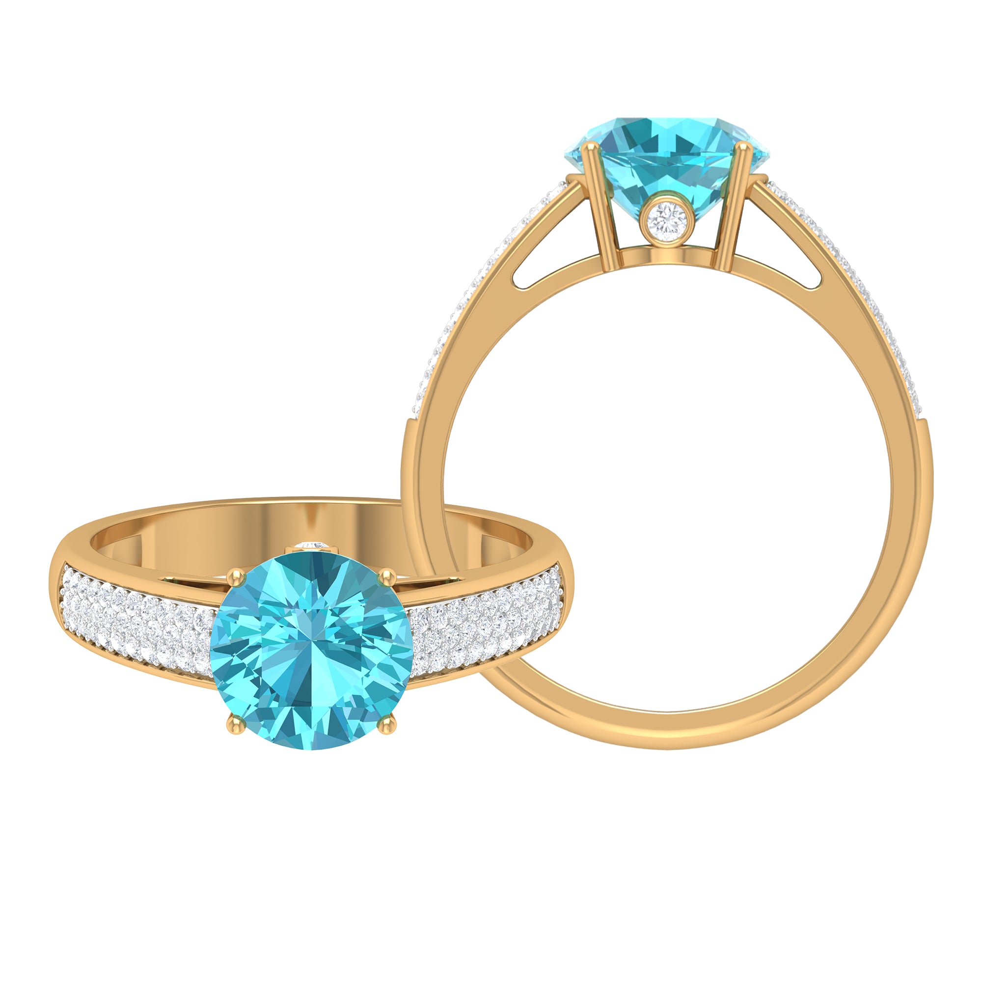 8 MM Round Shape Swiss Blue Topaz Solitaire Ring with Diamond Swiss Blue Topaz - ( AAA ) - Quality - Rosec Jewels