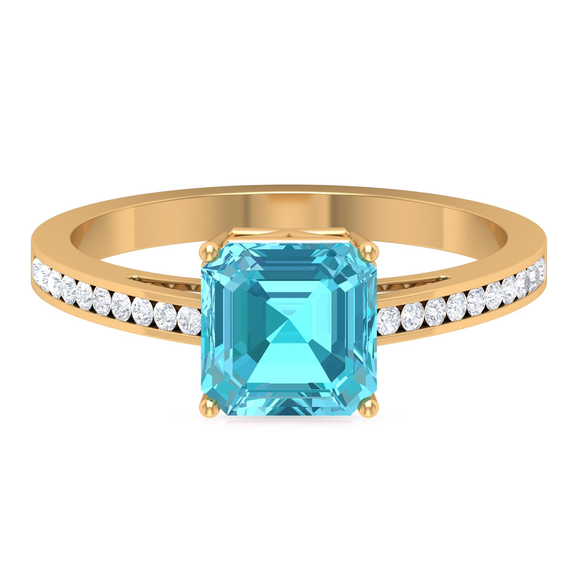 7 MM Asscher Cut Swiss Blue Topaz Ring and Diamond in Channel Setting Swiss Blue Topaz - ( AAA ) - Quality - Rosec Jewels