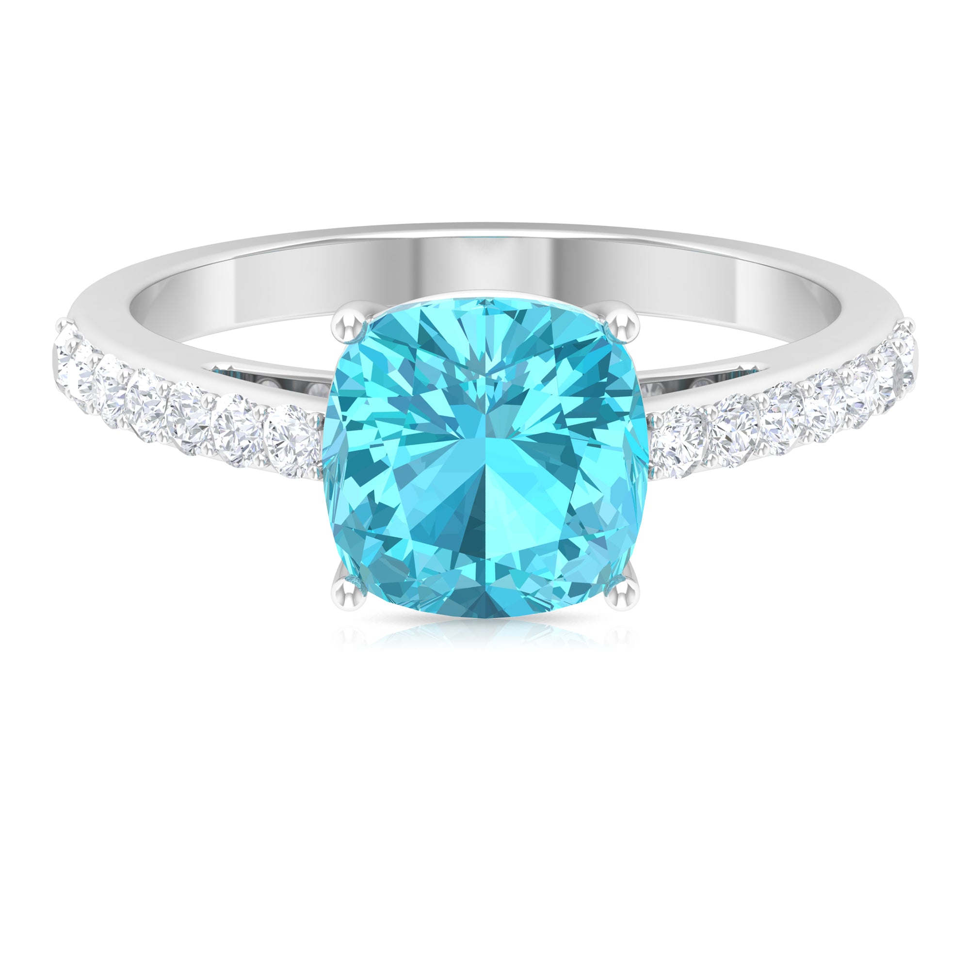 Cushion Shape Swiss Blue Topaz Solitaire Ring with Diamond Swiss Blue Topaz - ( AAA ) - Quality - Rosec Jewels