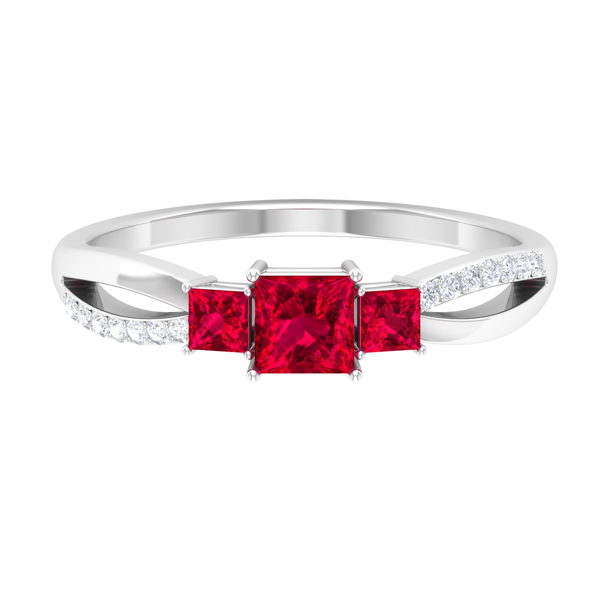 Princess Cut Three Stone Ruby Engagement Ring with Diamond Ruby - ( AAA ) - Quality - Rosec Jewels