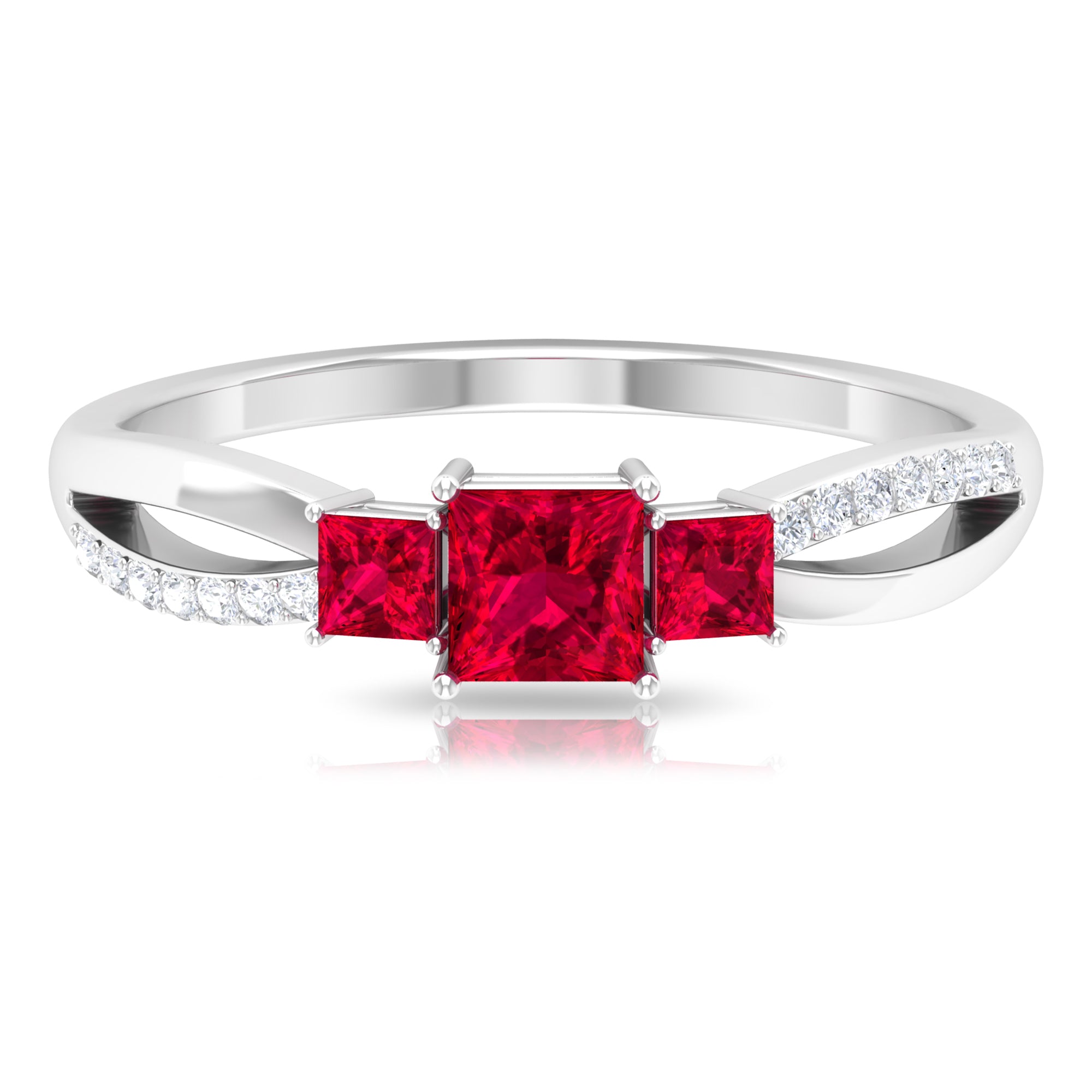 Princess Cut Three Stone Ruby Engagement Ring with Diamond Ruby - ( AAA ) - Quality - Rosec Jewels