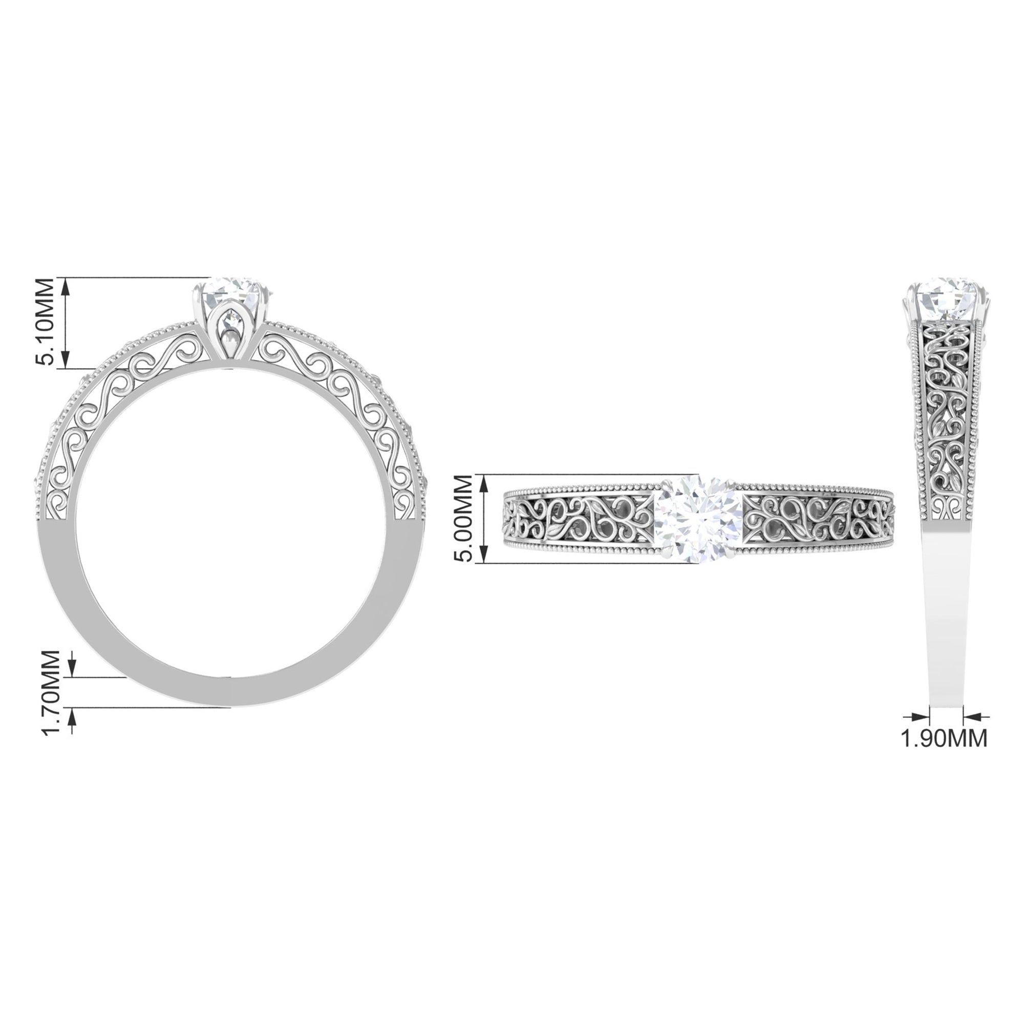 5 MM Round Cut Moissanite Solitaire Filigree Ring in Claw Setting Moissanite - ( D-VS1 ) - Color and Clarity - Rosec Jewels