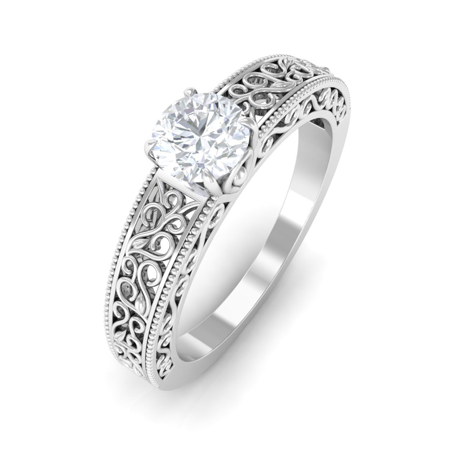 5 MM Round Cut Moissanite Solitaire Filigree Ring in Claw Setting Moissanite - ( D-VS1 ) - Color and Clarity - Rosec Jewels