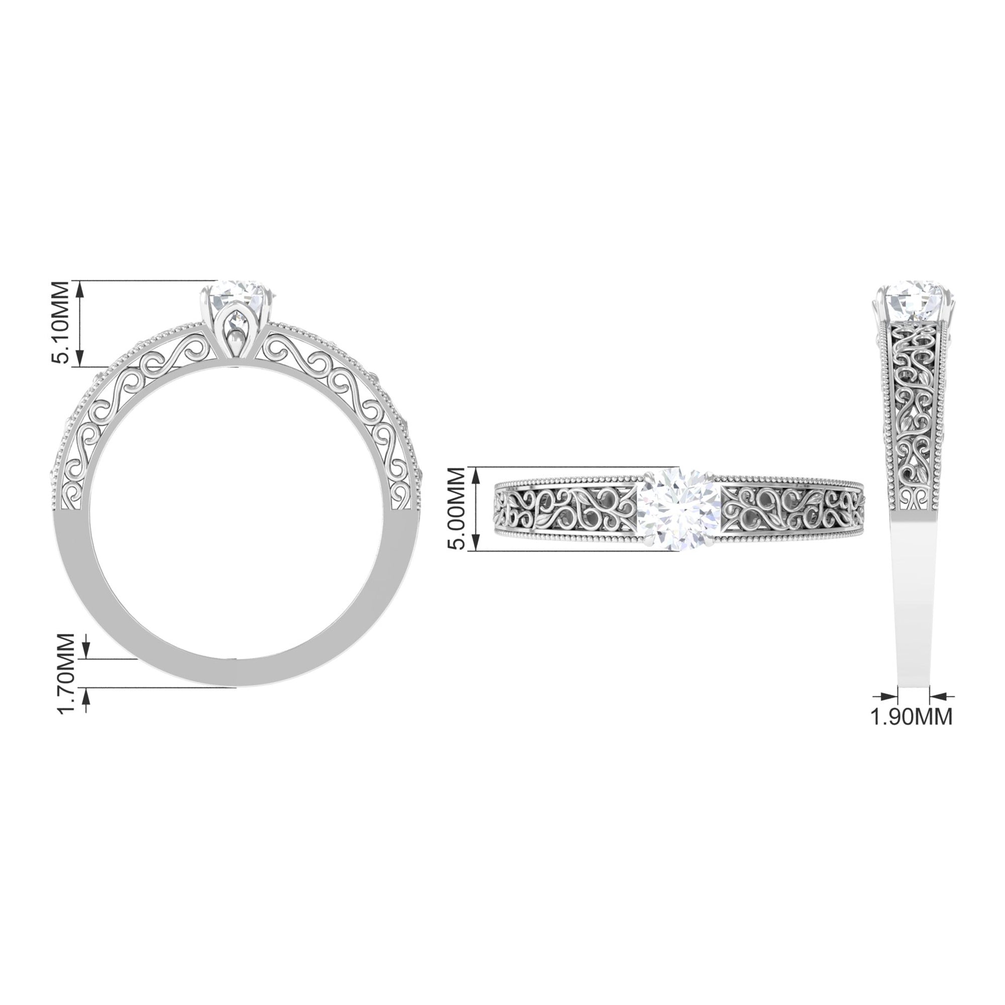 5 MM Round Cut Moissanite Solitaire Filigree Ring in Claw Setting Moissanite - ( D-VS1 ) - Color and Clarity - Rosec Jewels