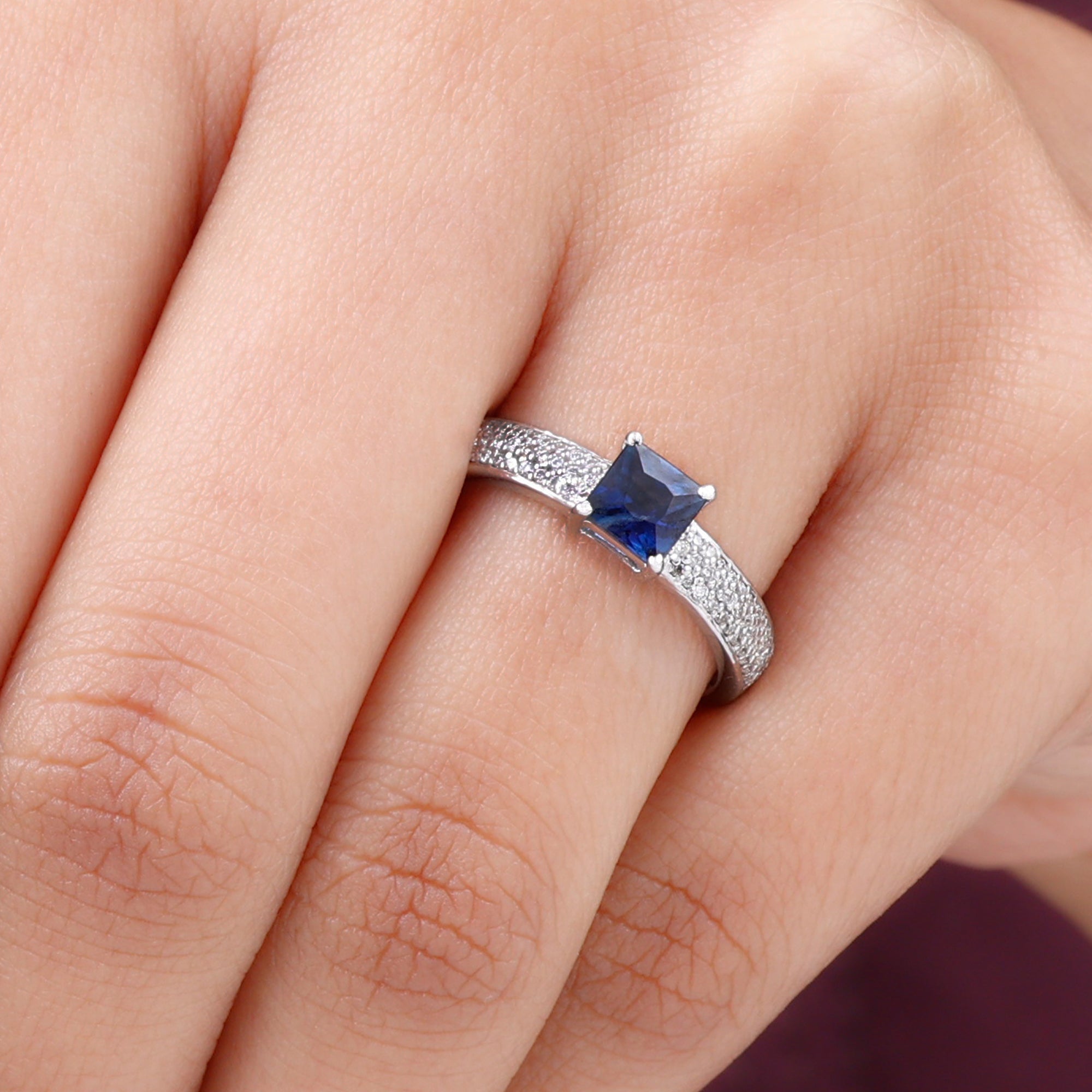 Created Blue Sapphire Solitaire Engagement Ring with Diamond Lab Created Blue Sapphire - ( AAAA ) - Quality - Rosec Jewels