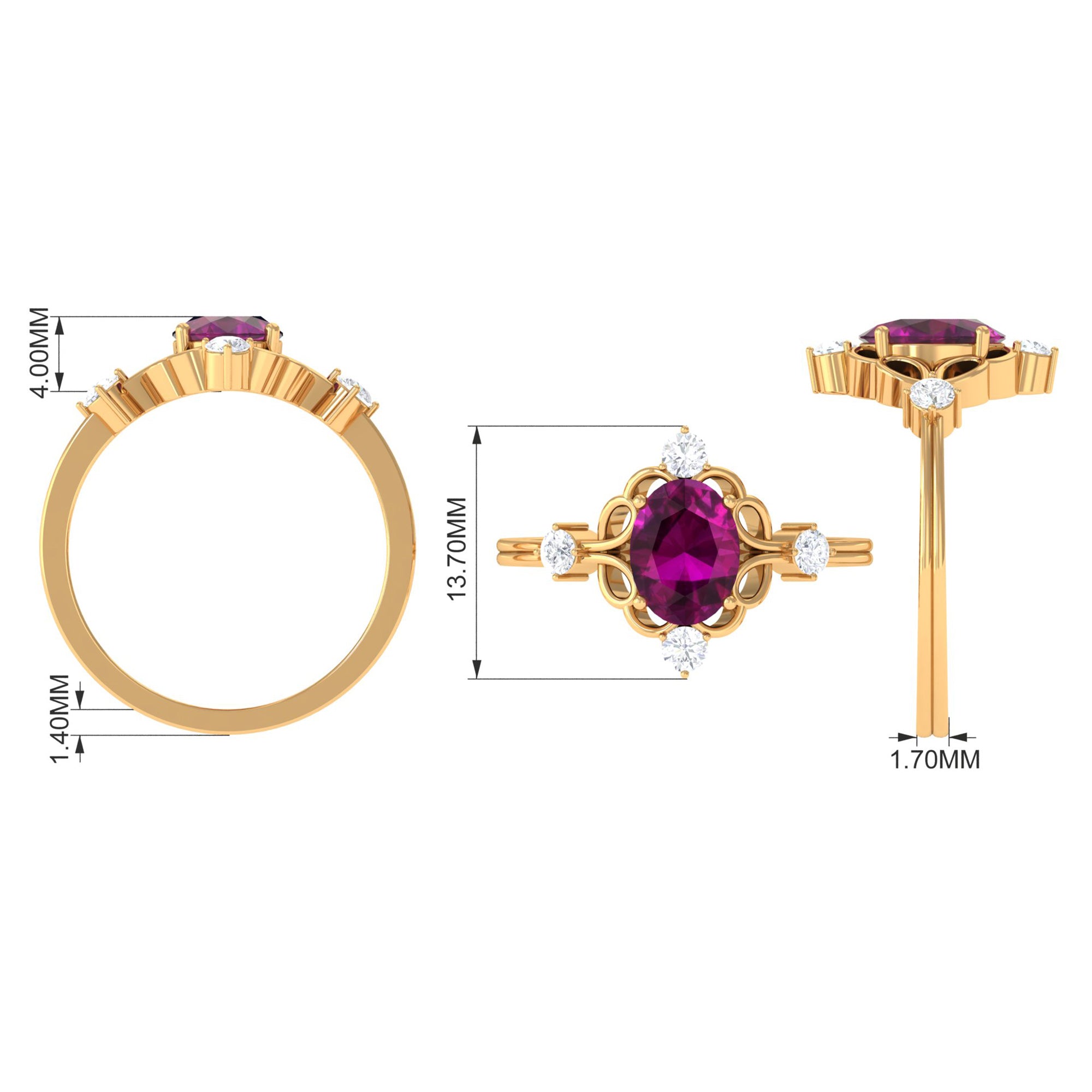 1.75 CT Oval Shape Rhodolite and Diamond Cocktail Ring Rhodolite - ( AAA ) - Quality - Rosec Jewels