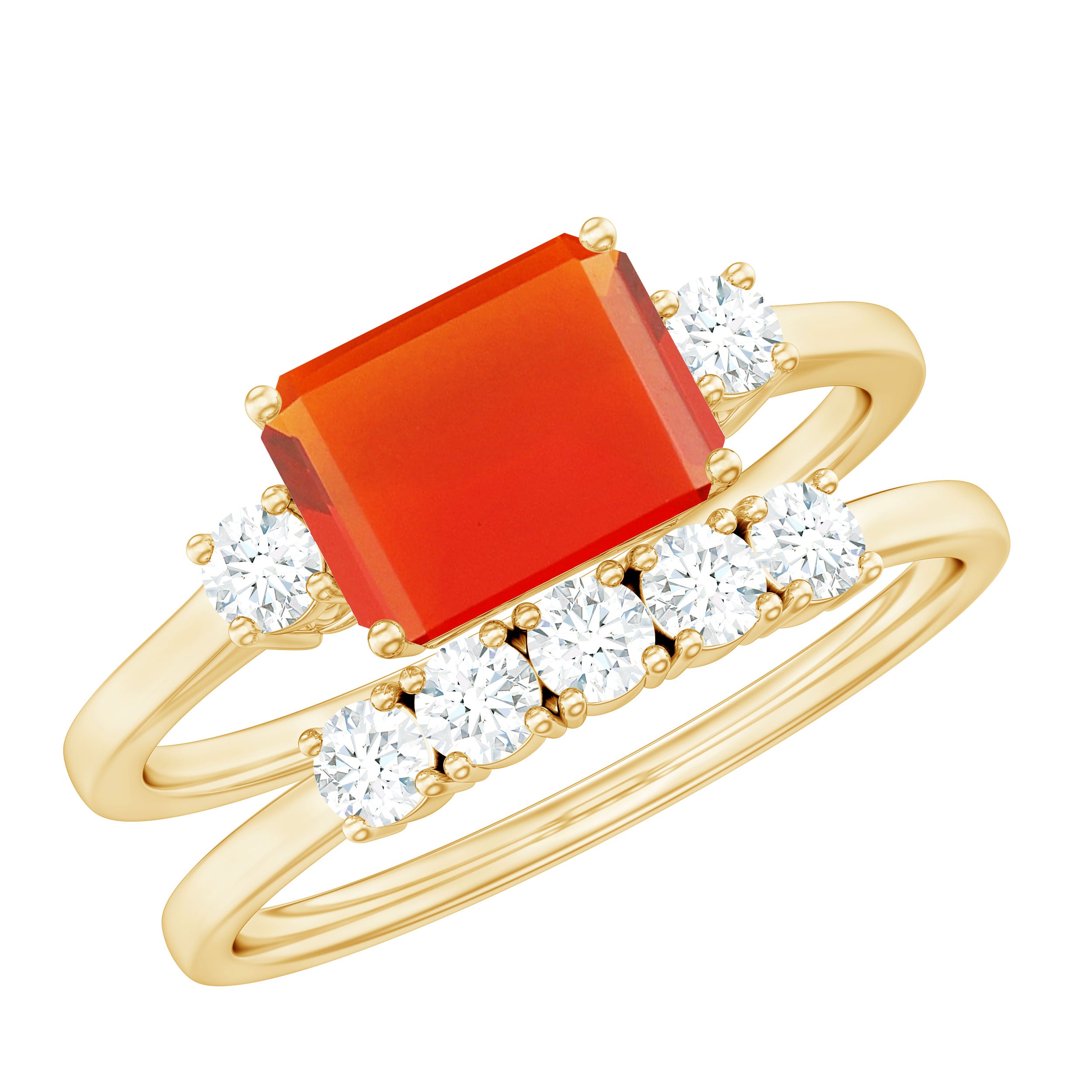 Octagon Cut Fire Opal and Moissanite Contemporary Ring Set Fire Opal - ( AAA ) - Quality - Rosec Jewels