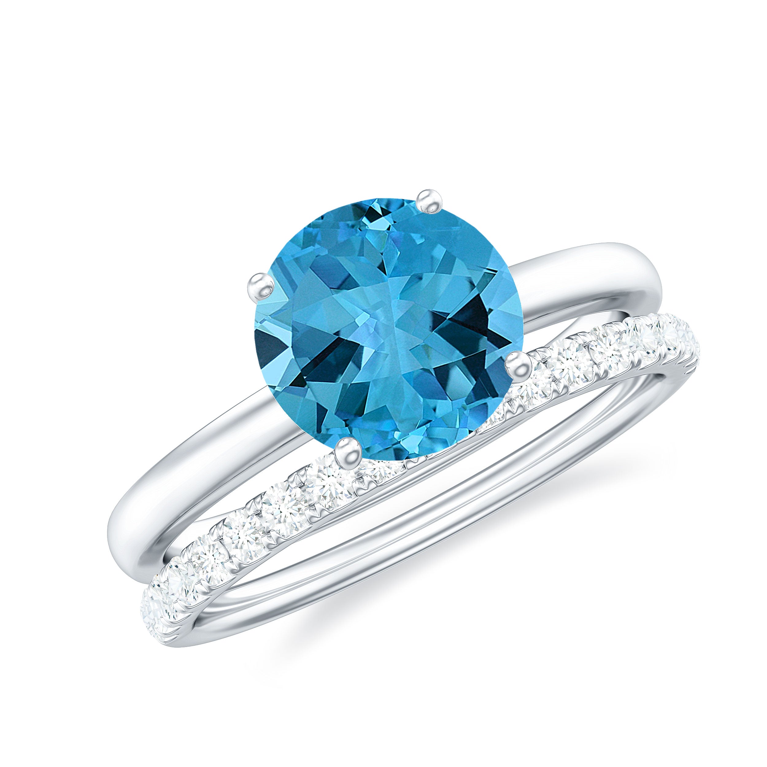 2 CT Swiss Blue Topaz Solitaire Bridal Ring Set with Diamond Swiss Blue Topaz - ( AAA ) - Quality - Rosec Jewels