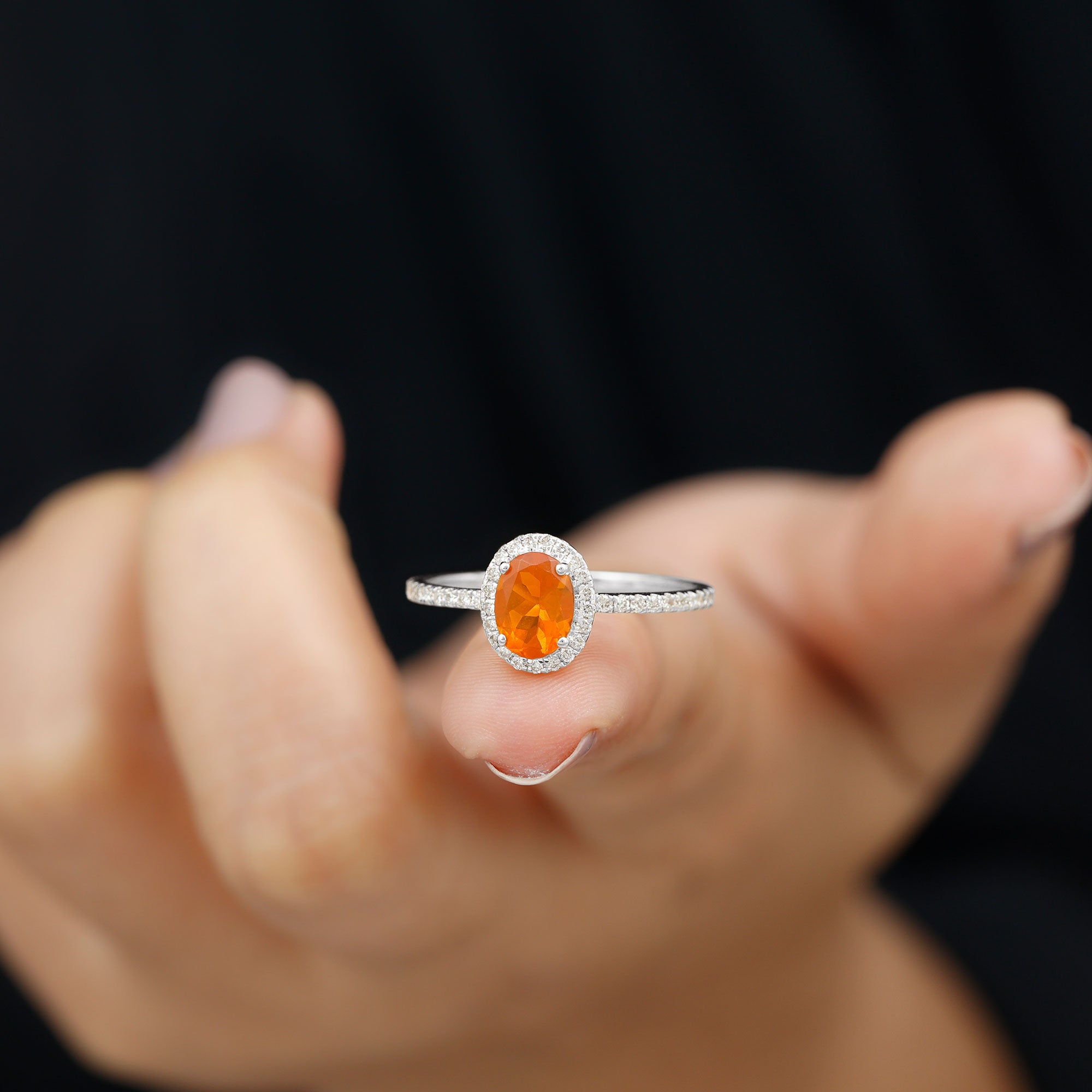 1.50 CT Oval Fire Opal Engagement Ring with Diamond Halo and Side Stones Fire Opal - ( AAA ) - Quality - Rosec Jewels