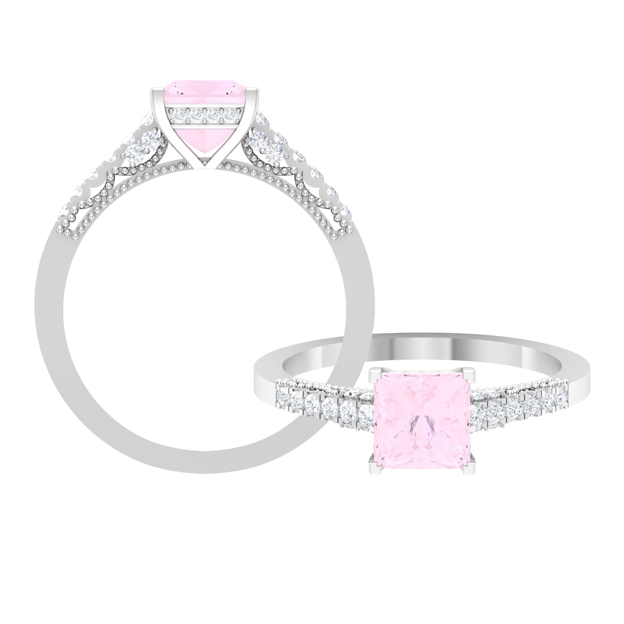 1.25 CT Solitaire Rose Quartz and Diamond Side Stone Ring Rose Quartz - ( AAA ) - Quality - Rosec Jewels