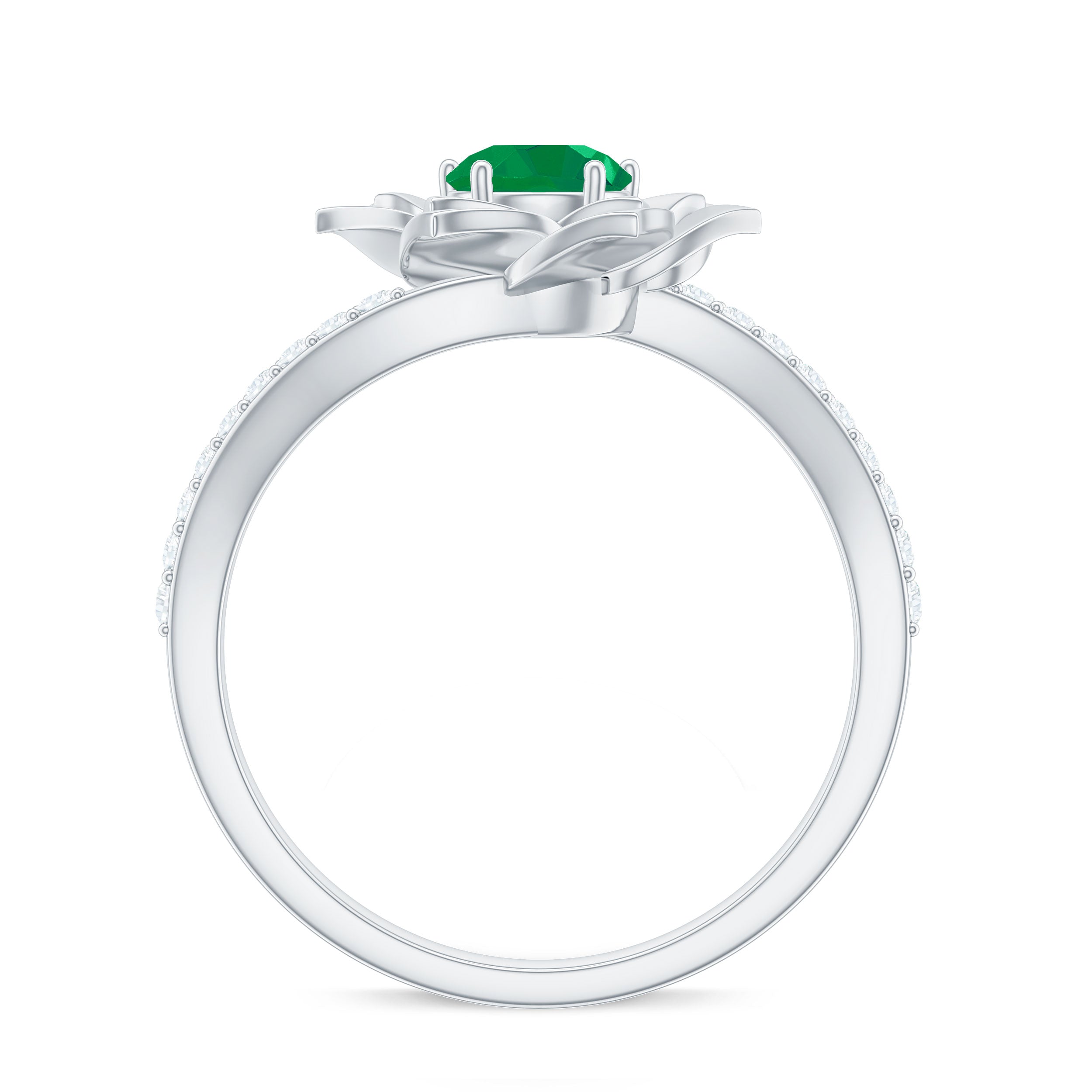 Real Emerald and Diamond Flower Ring with Bypass Shank Emerald - ( AAA ) - Quality - Rosec Jewels